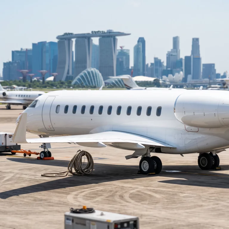 Private jet on a sunlit airport ramp with a distant city skyline in the background