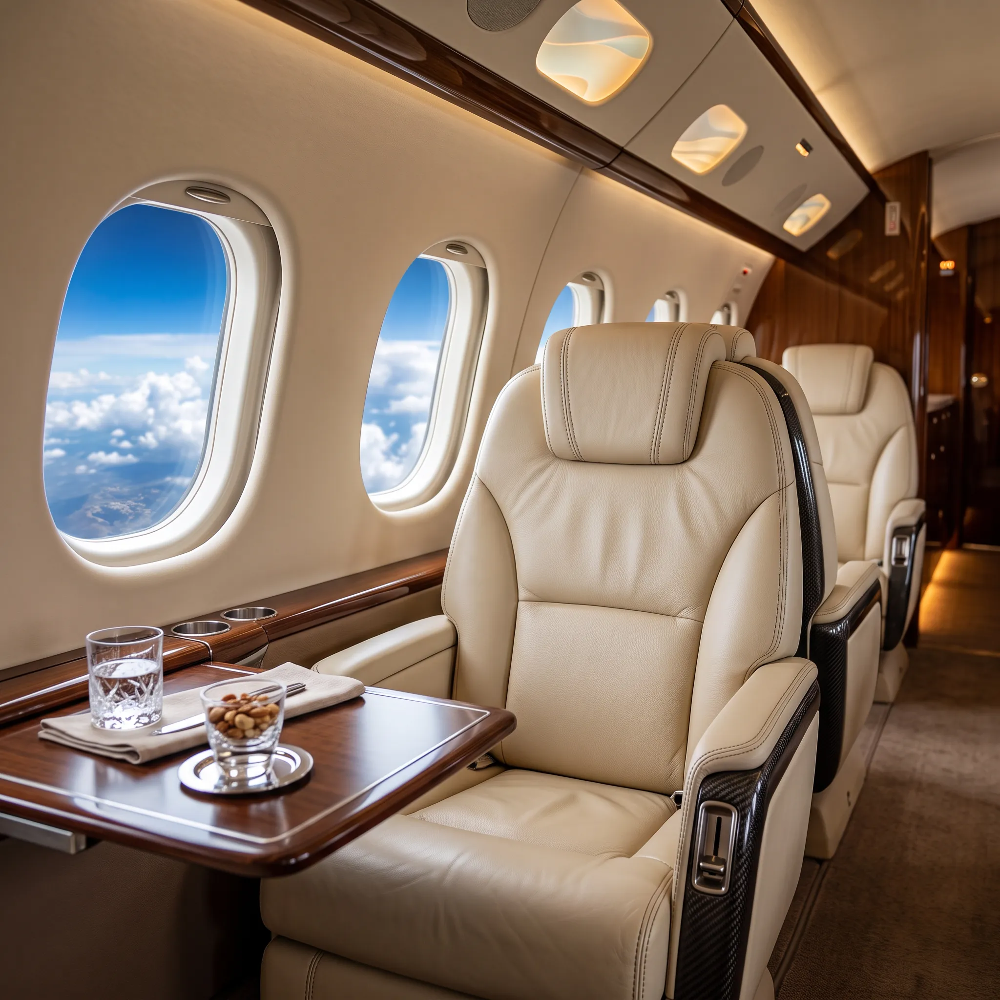 Empty luxury private jet cabin interior with leather seats and warm ambient lighting