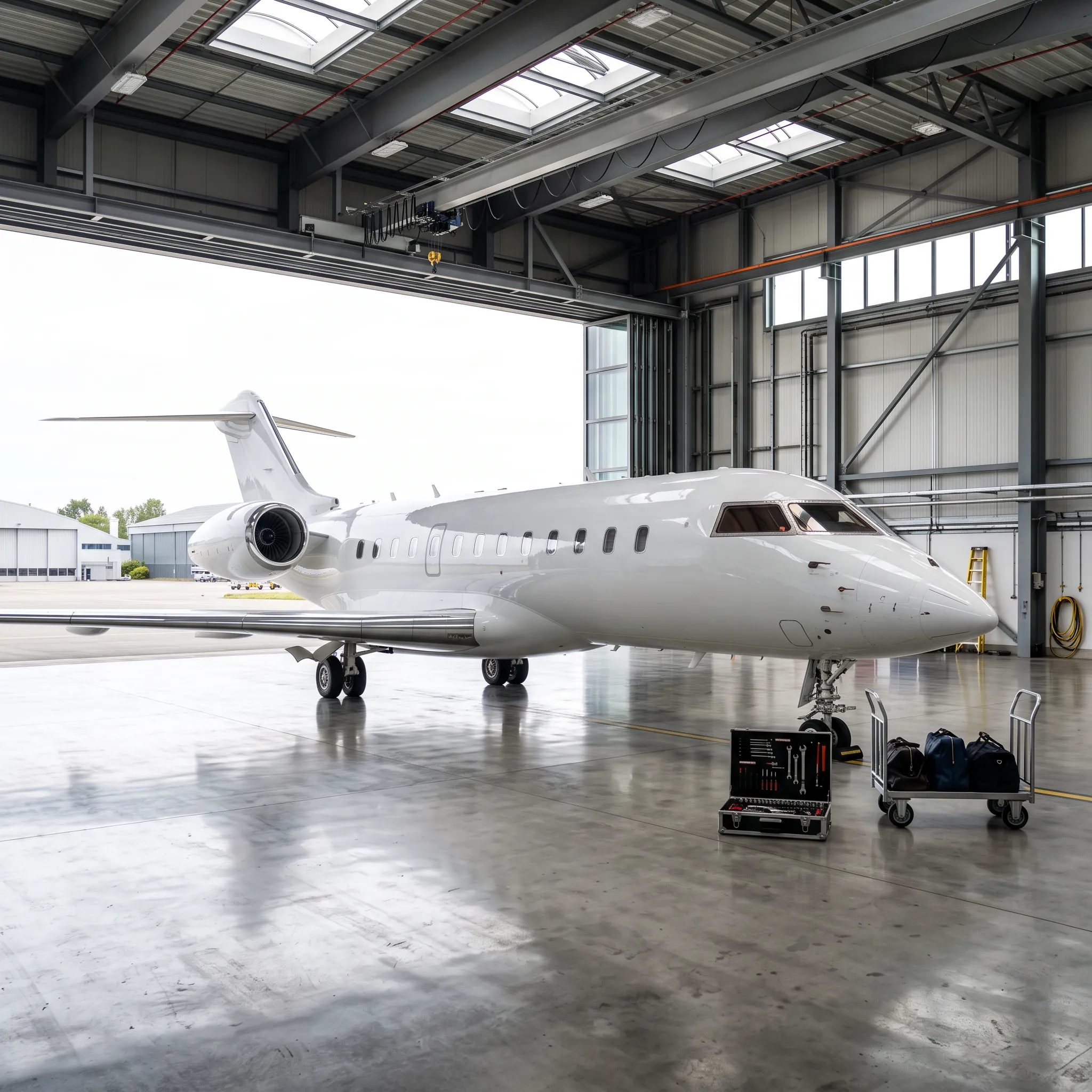Private jet inside a bright hangar with an open toolcase and baggage cart nearby