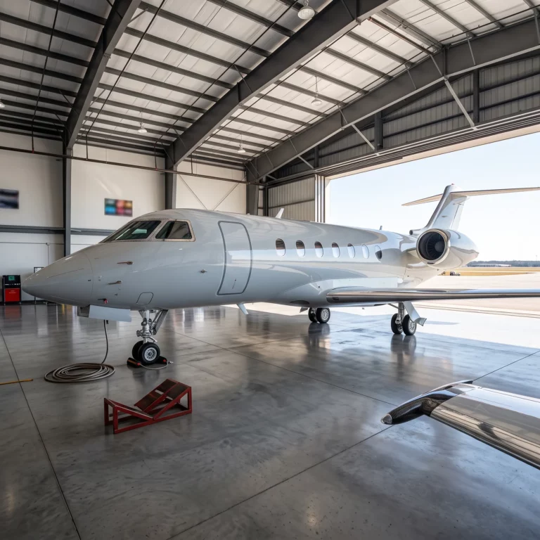 Business jet parked inside a bright executive hangar representing NetJets fleet operations