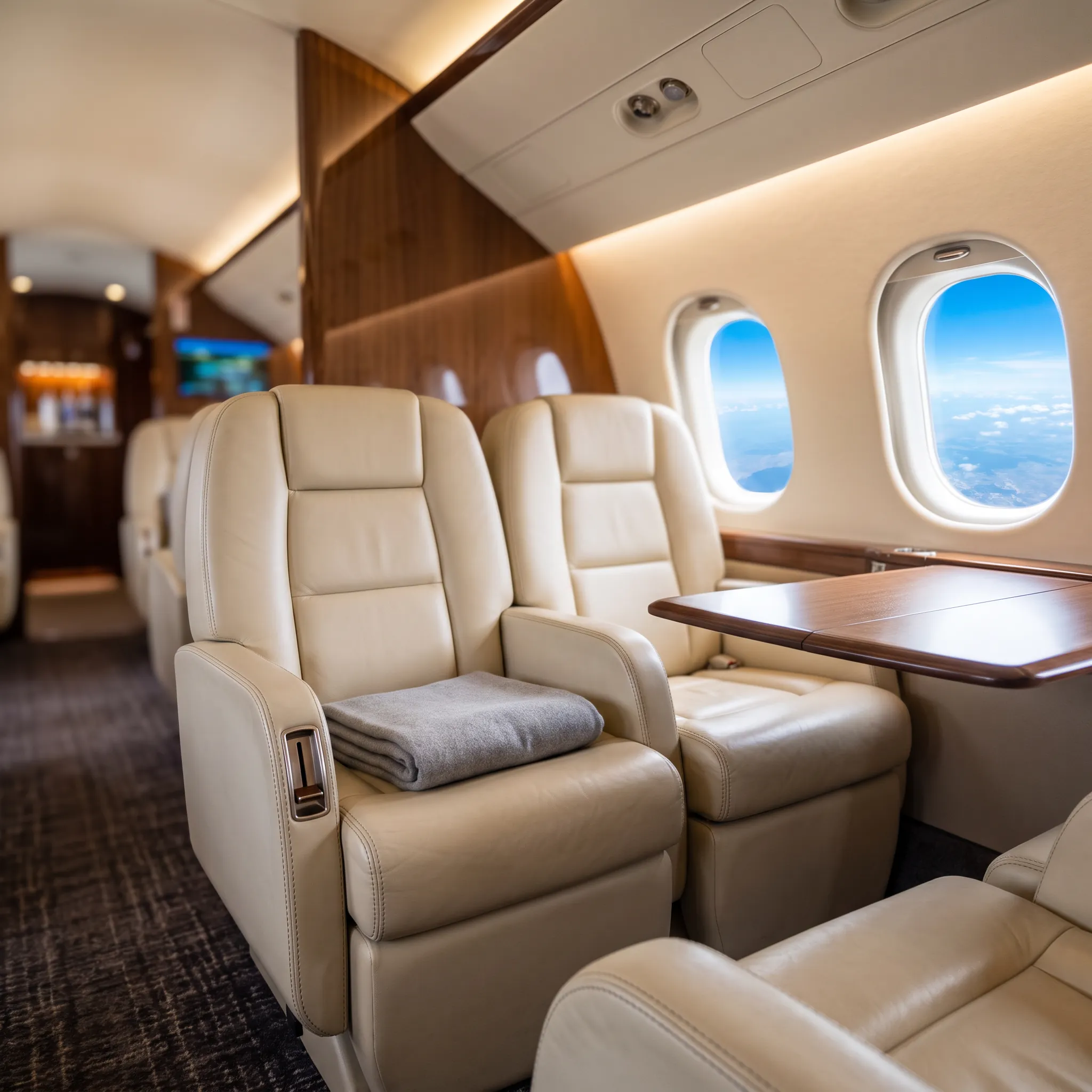 Empty luxury private jet cabin interior with leather seats and warm ambient lighting
