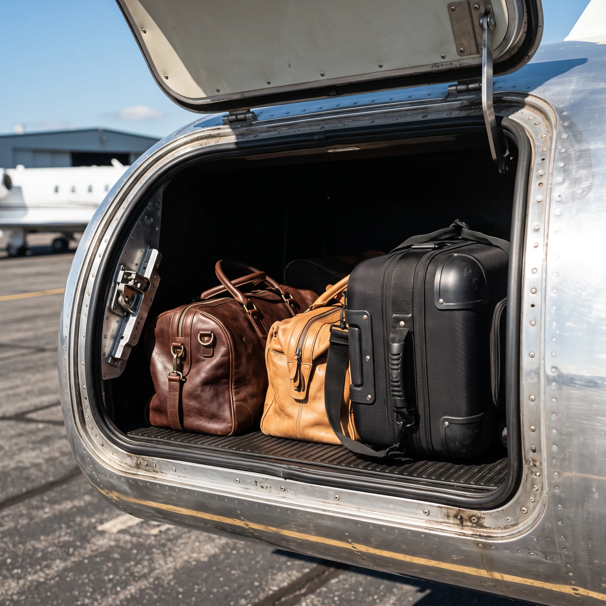 Open baggage compartment on a light jet showing bags loaded for a flight