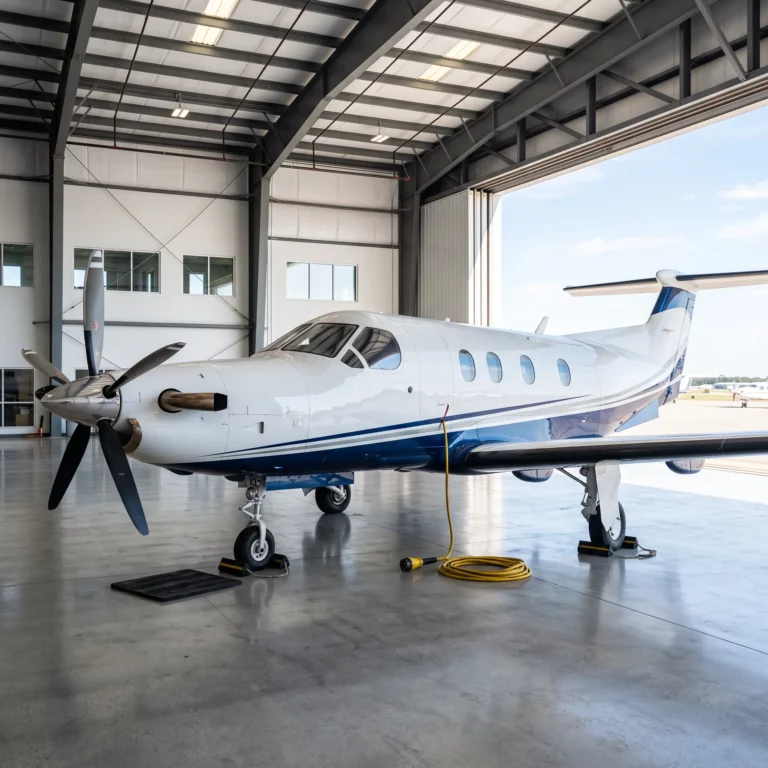 Pilatus PC-12 turboprop parked in a bright hangar with polished white fuselage