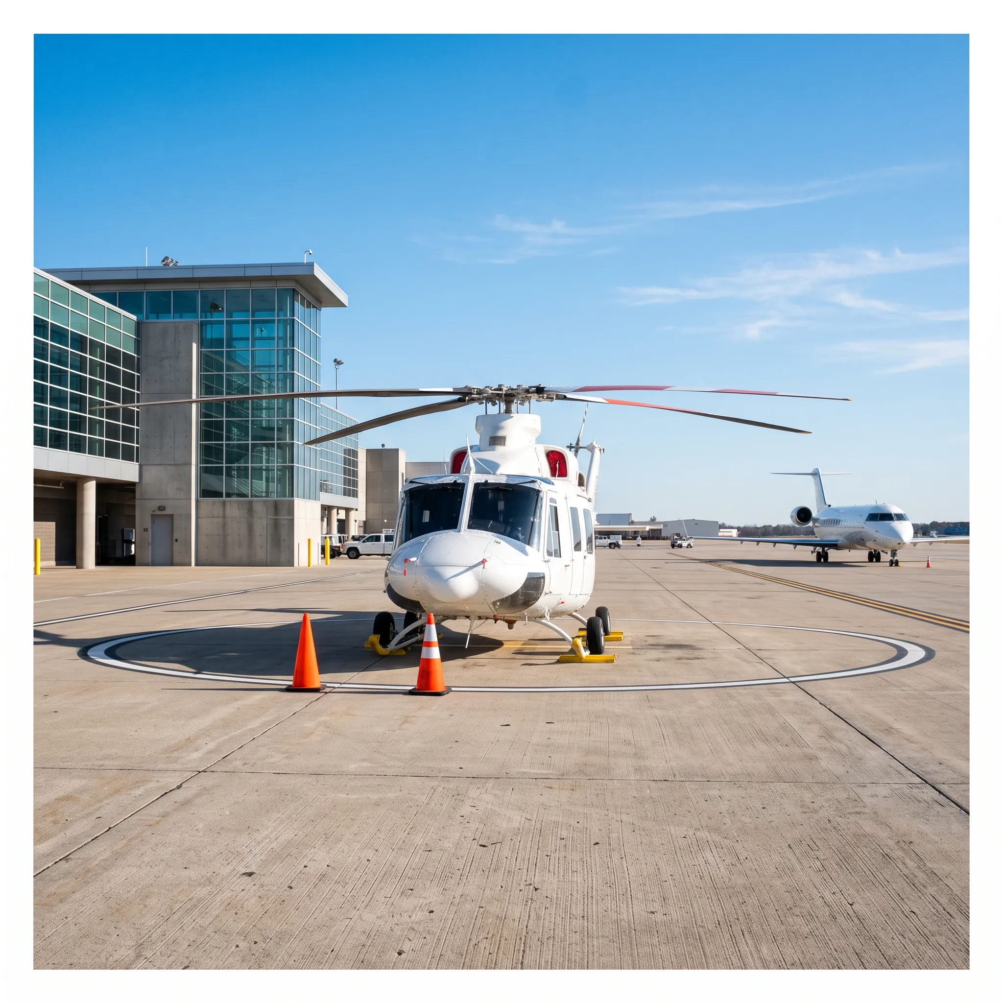 Helicopter on a pad beside a regional jet at a suburban airport