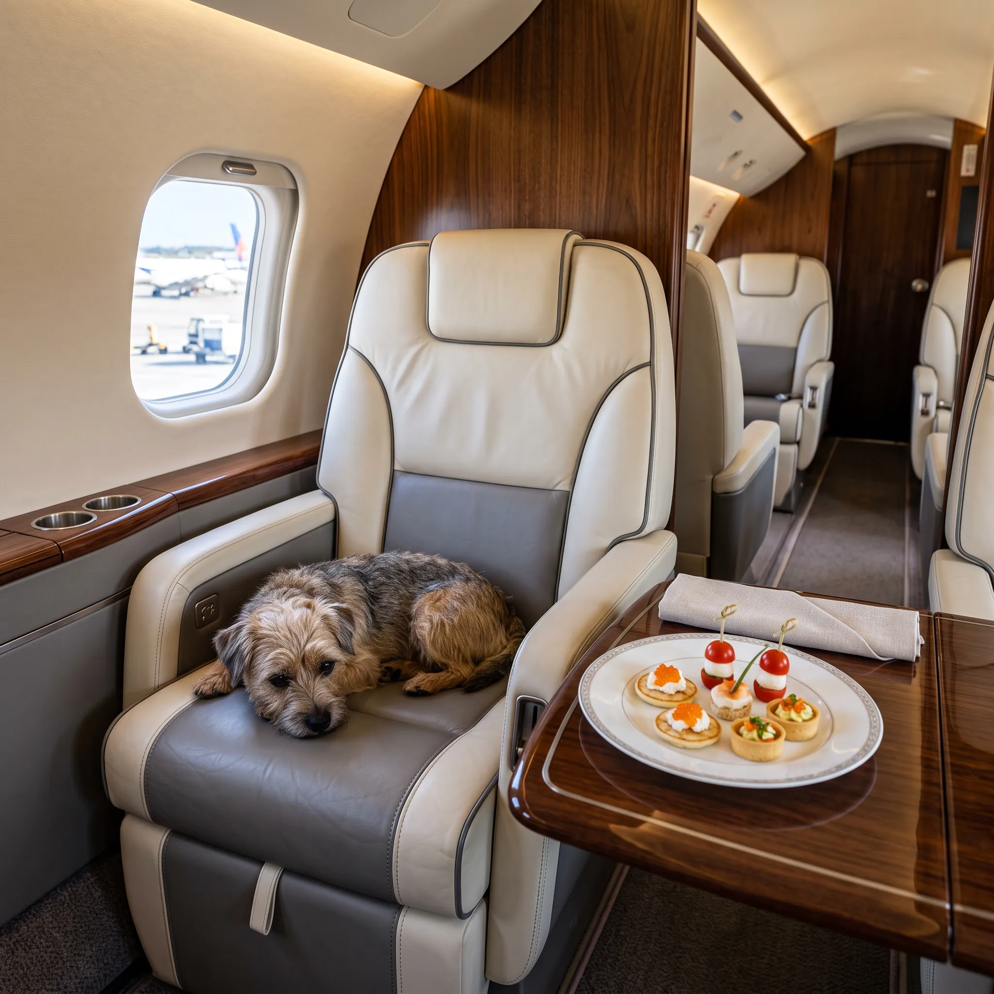 Club seating cabin with a small dog on a leather seat and gourmet food