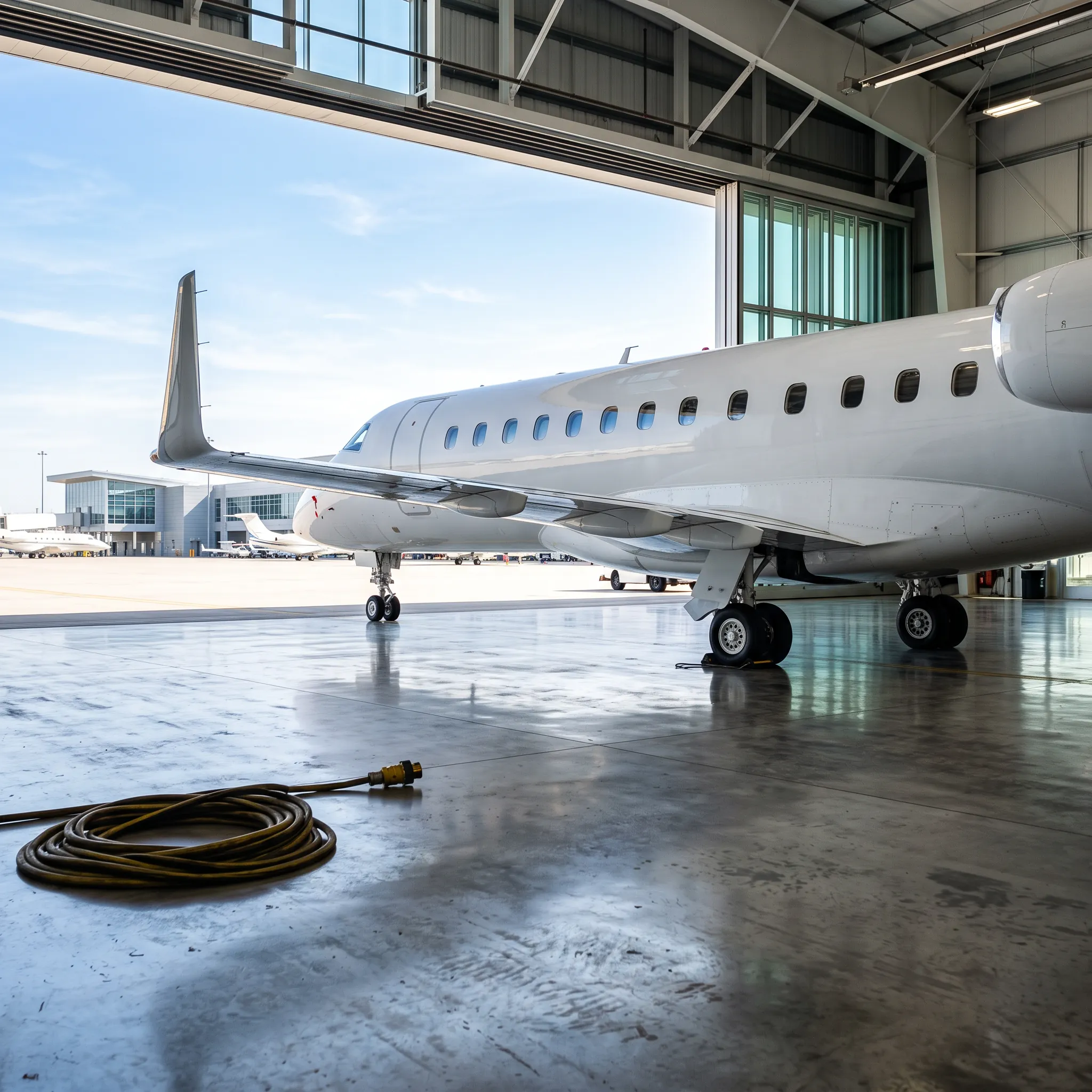 Embraer jet at the entrance of an executive hangar