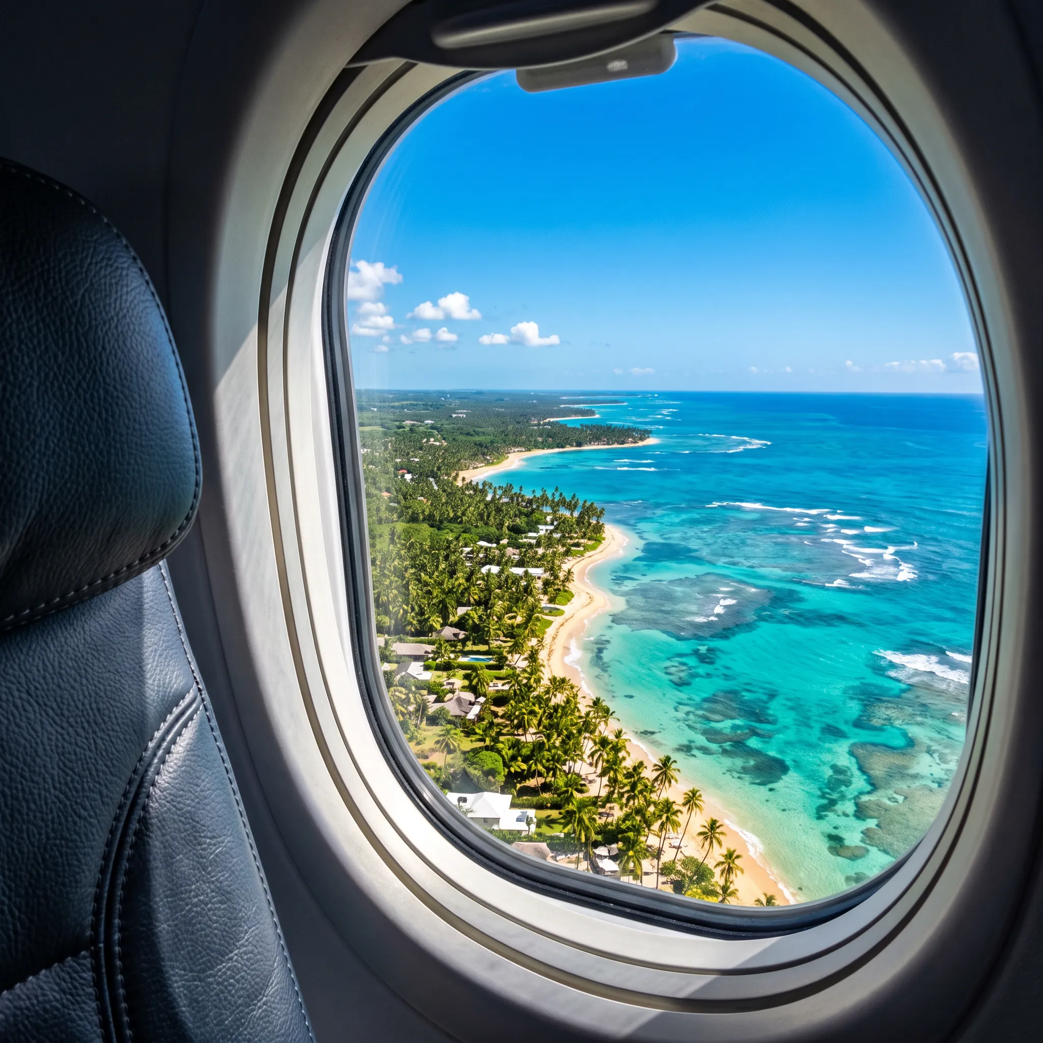 View from a jet window of a palm-lined Florida coastline