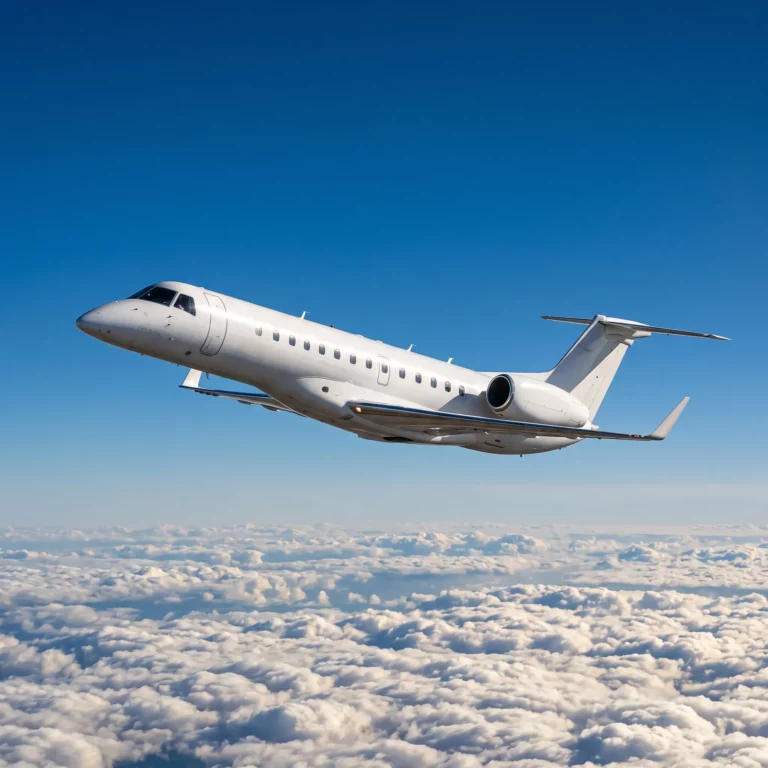 White Embraer regional jet flying above clouds in bright daylight