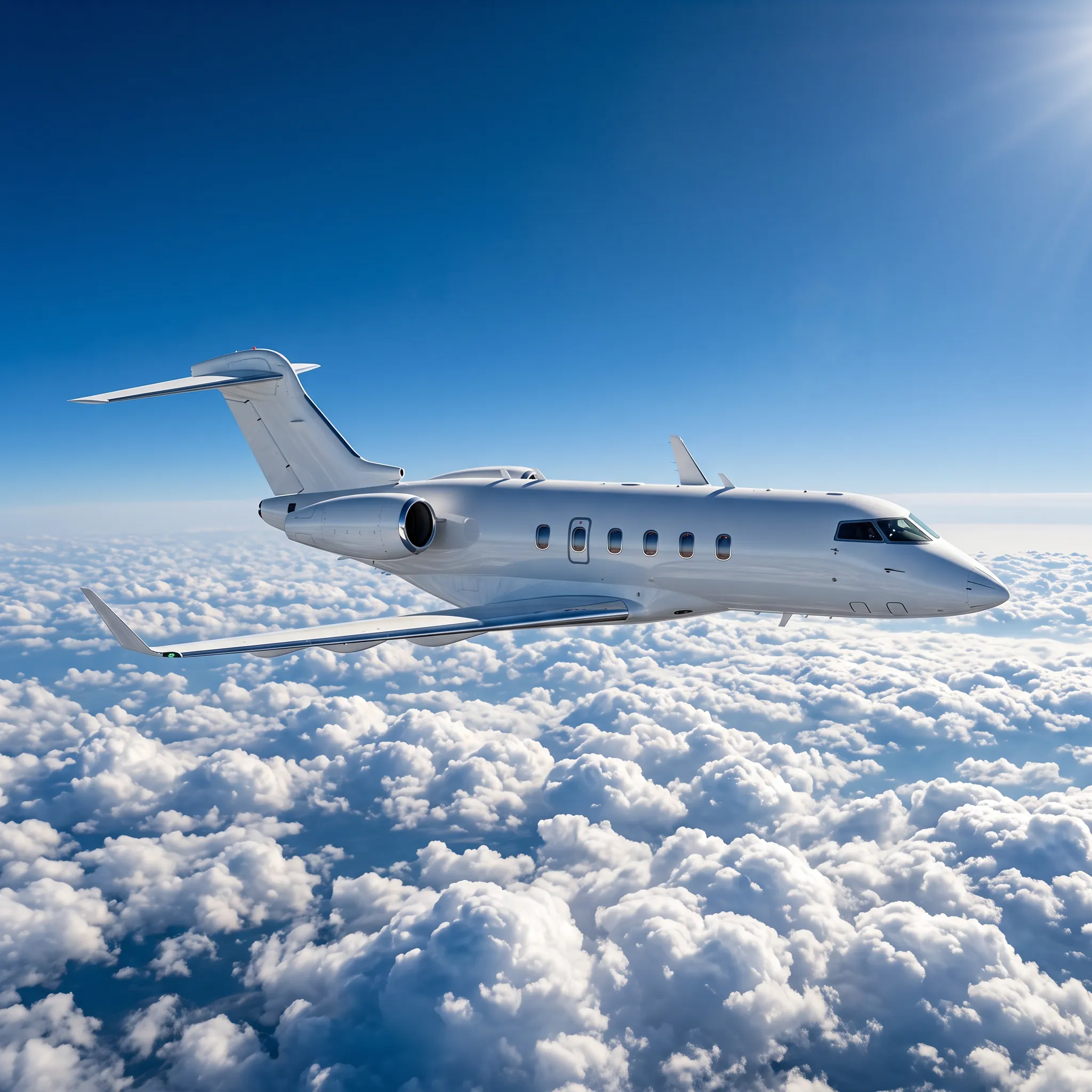 Bombardier Challenger 3500 flying above clouds in bright daylight