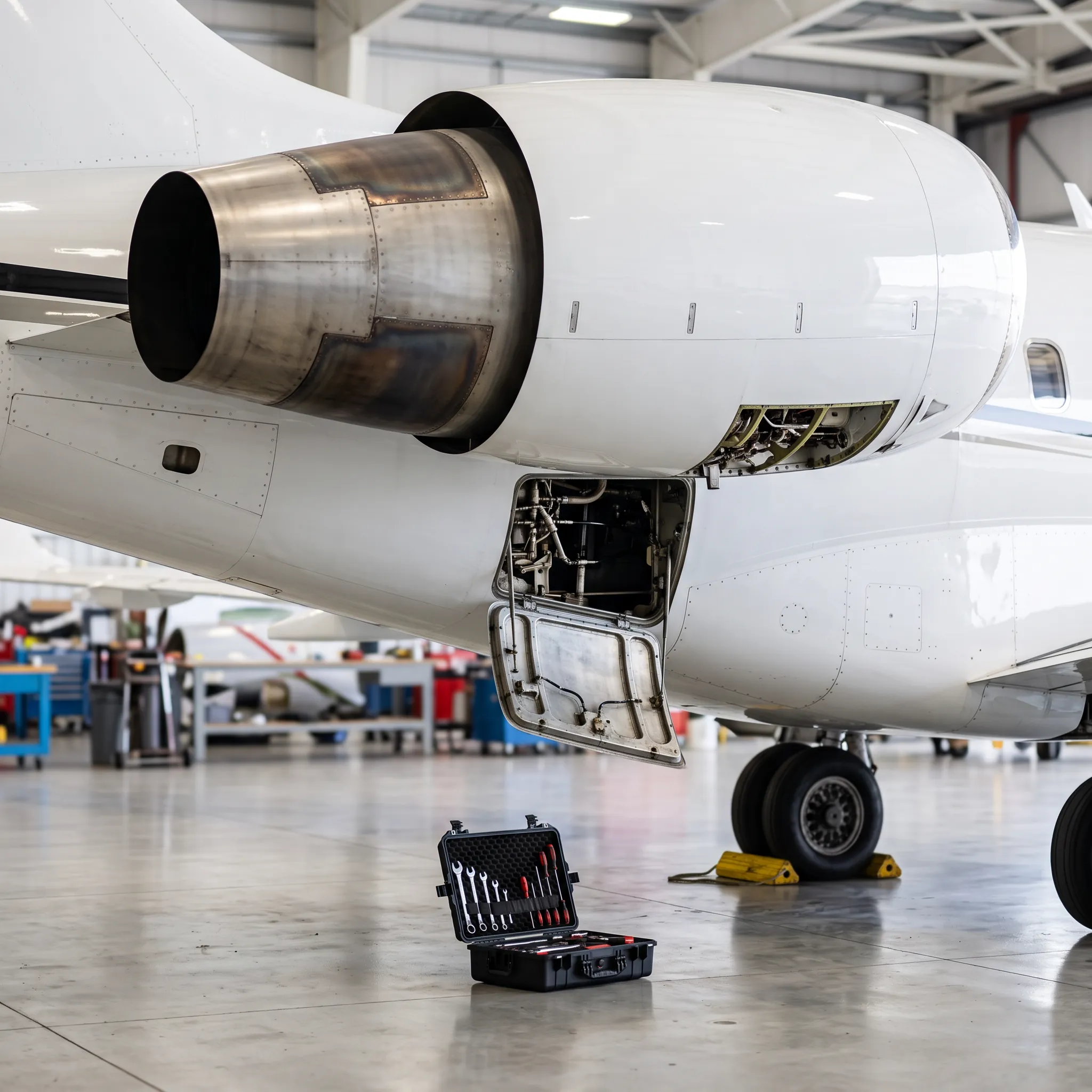 Close-up of a Bombardier Global engine nacelle during hangar maintenance