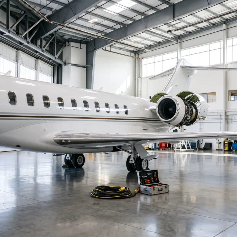 Bombardier Global 7500 private jet in a bright maintenance hangar with open engine panels