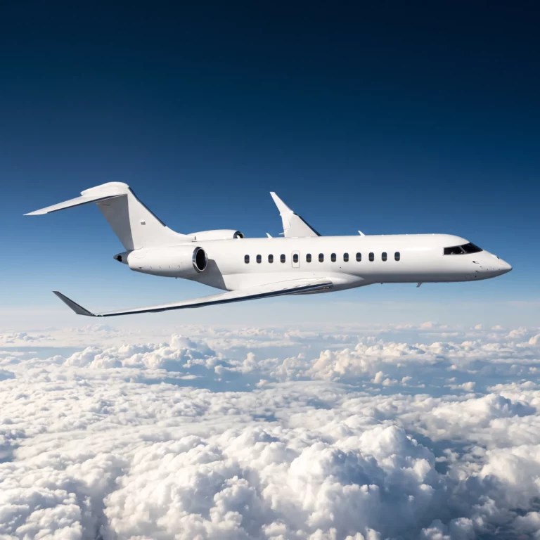 Bombardier Global 8000 private jet flying above clouds in bright daylight