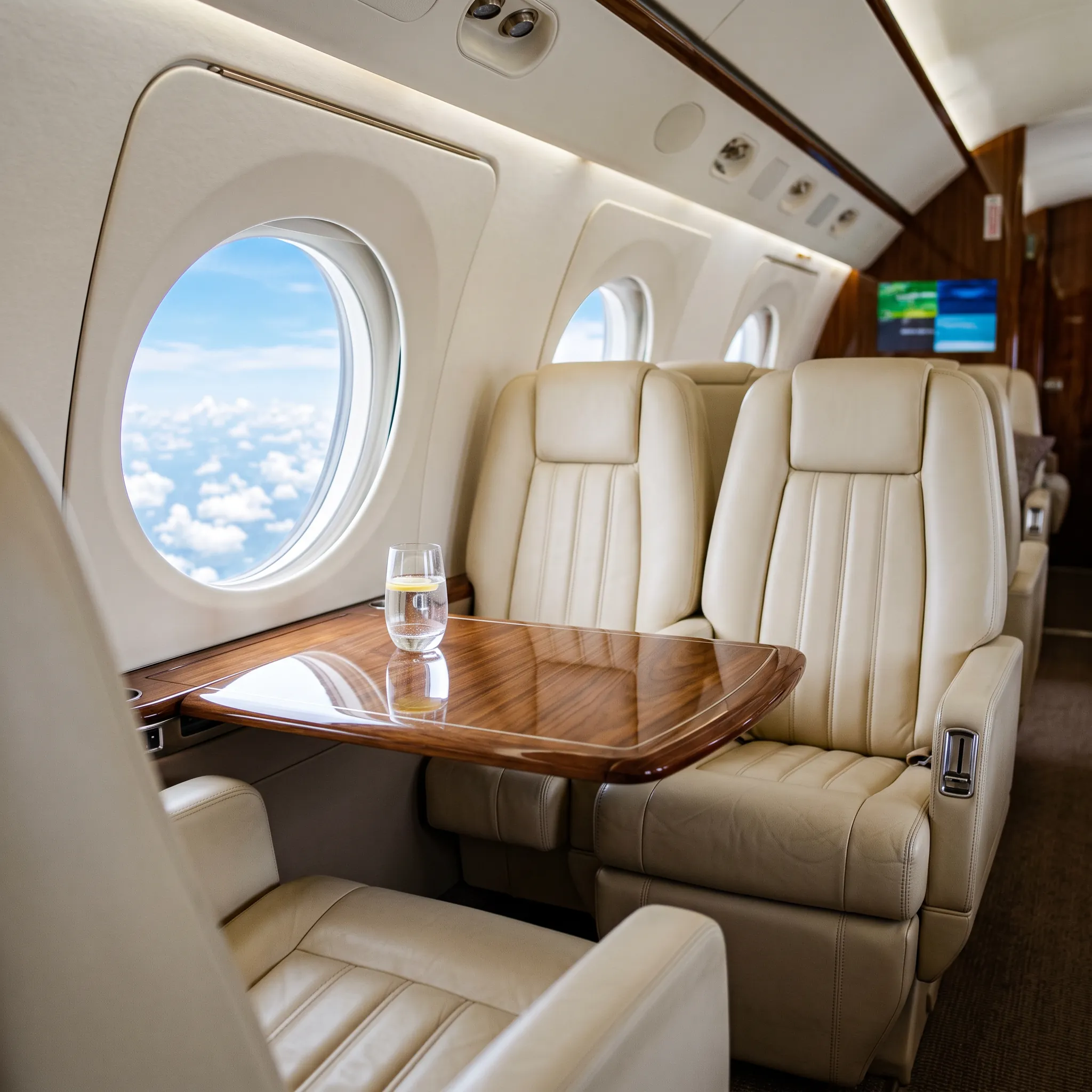 Luxury private jet cabin with leather seats and window view of bright sky