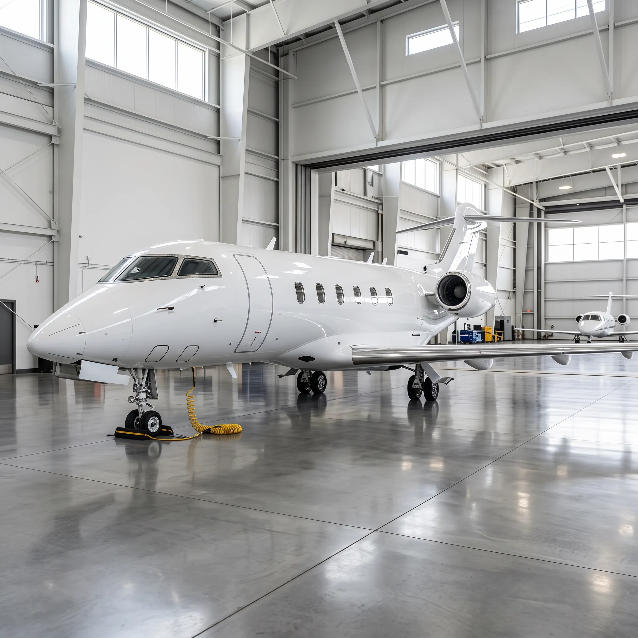Bombardier Challenger 3500 jet in a bright executive hangar with ground equipment
