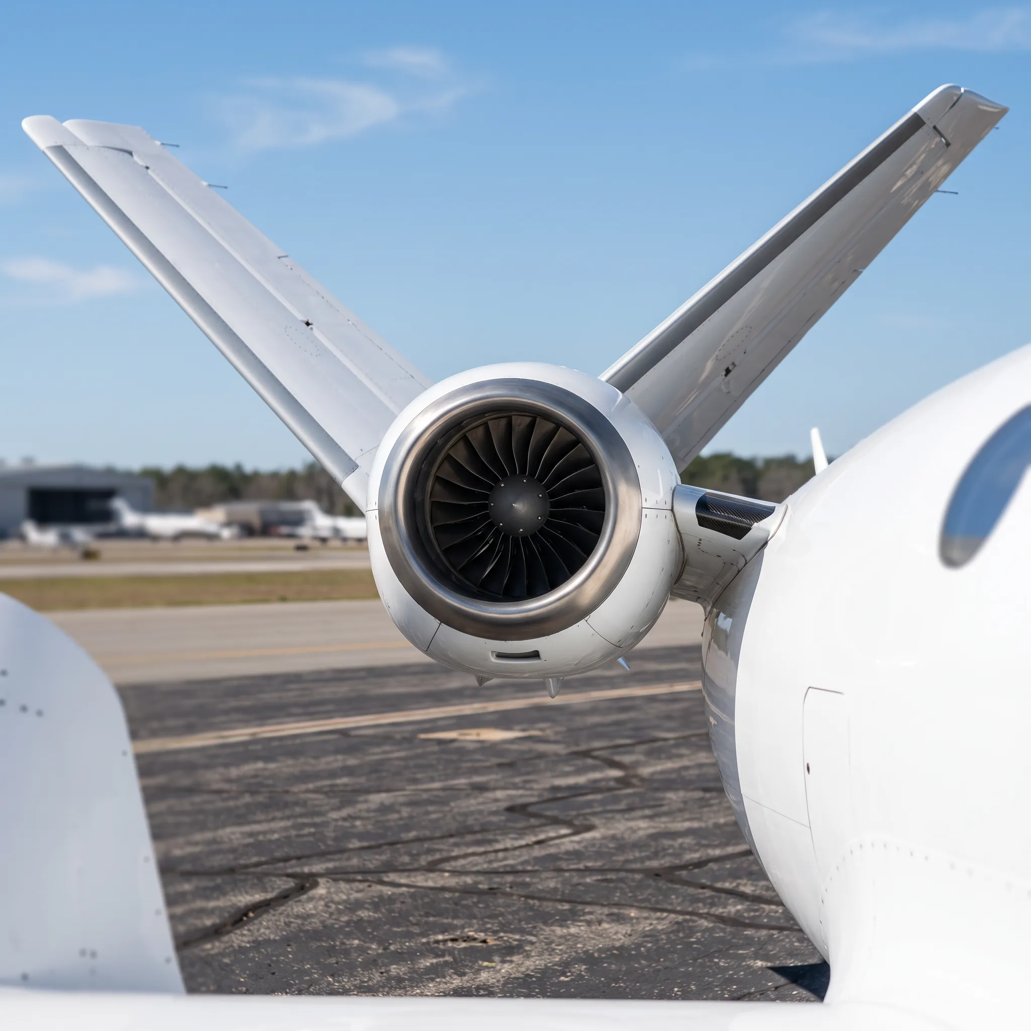 Close-up of a Cirrus Vision Jet engine inlet and V-tail in daylight