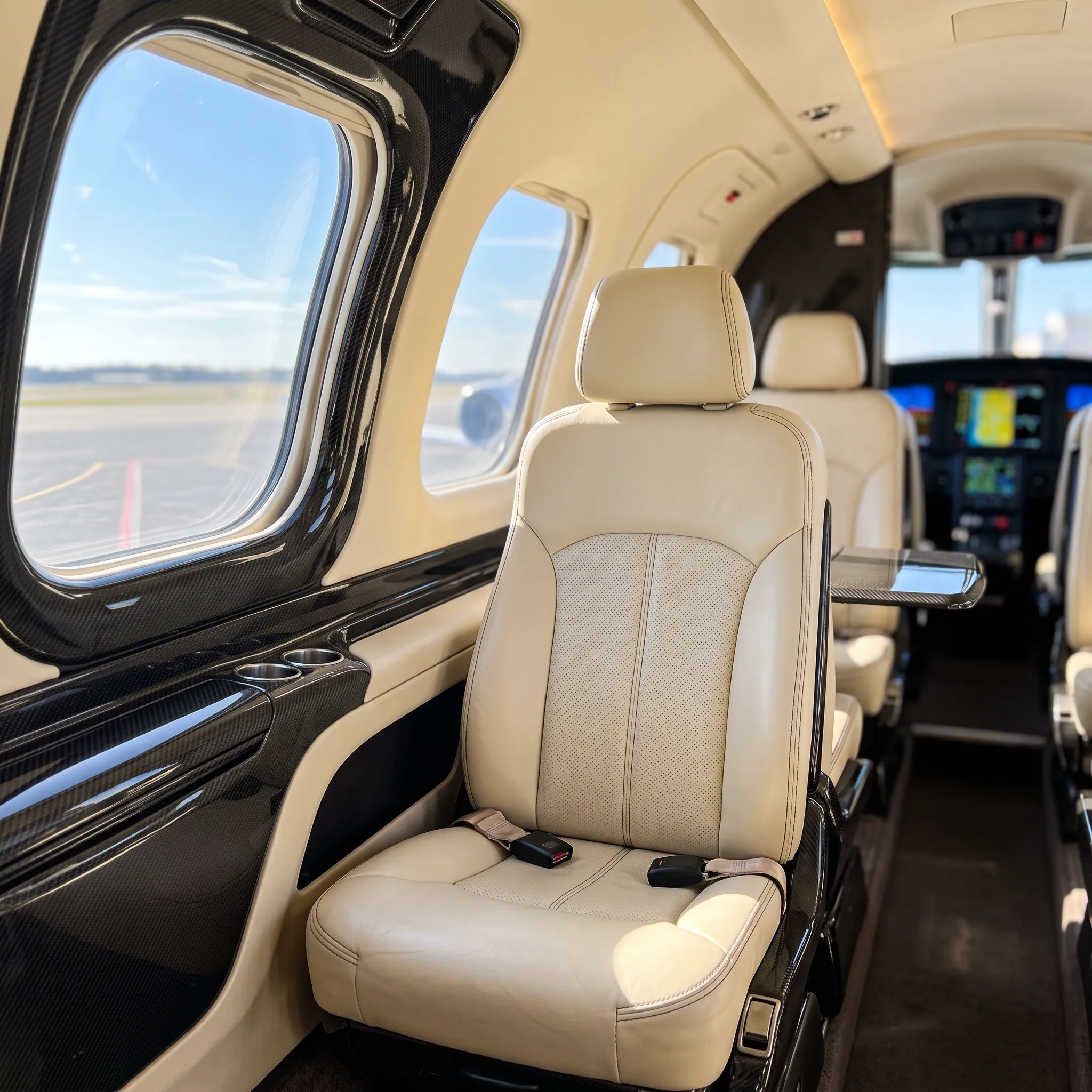 Leather seats inside a Cirrus Vision Jet cabin lit by daylight