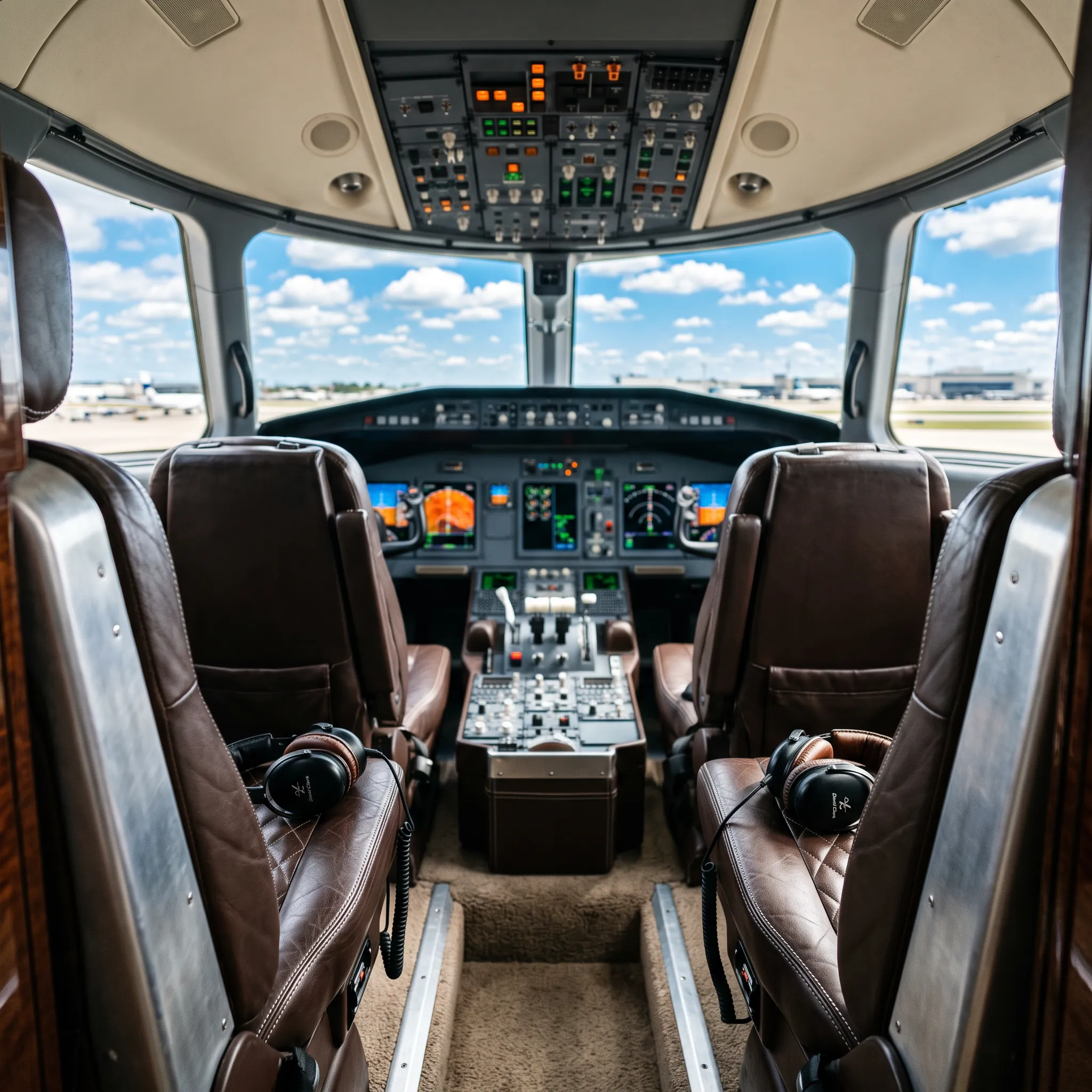 Empty private jet flight deck with headsets resting on pilot seats in bright daylight