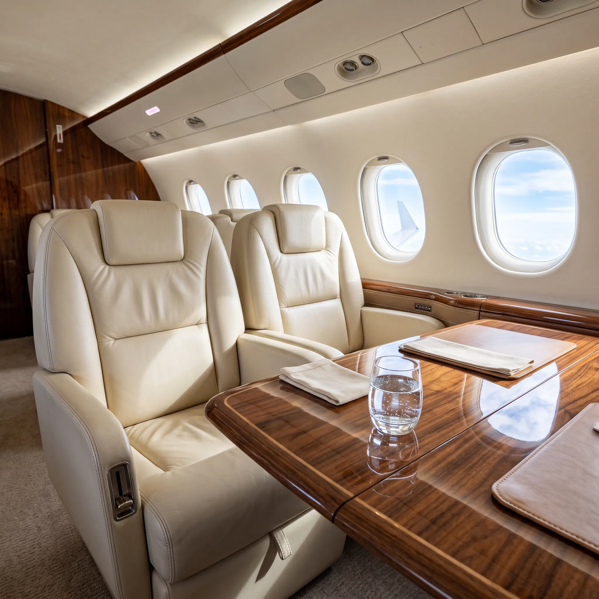 Empty luxury private jet cabin with leather seats and polished wood table in natural light