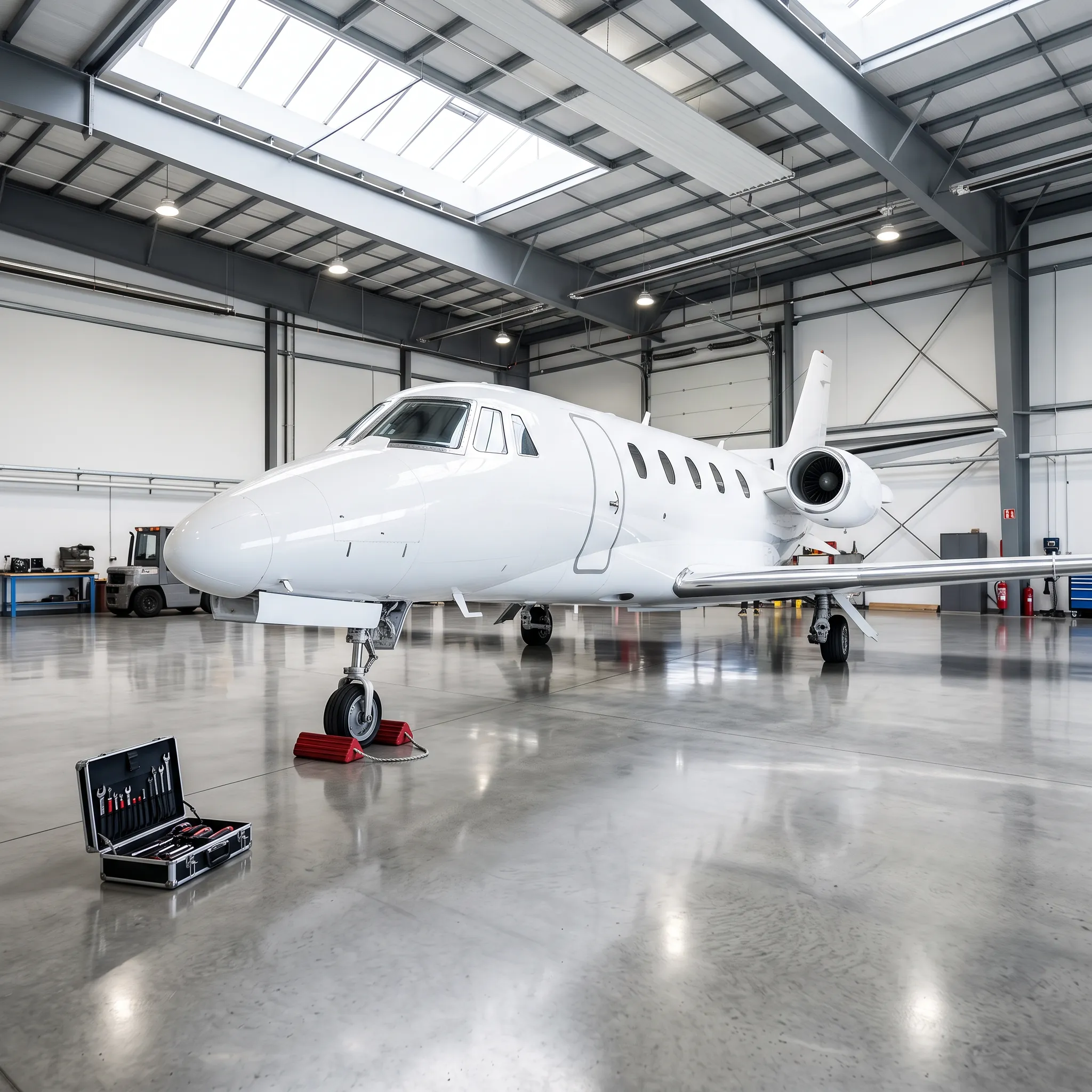 White business jet resting in a bright hangar overnight with toolcase and chocks nearby