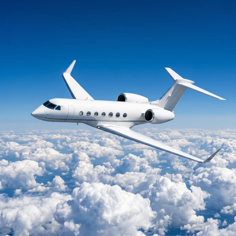 Large white corporate jet flying above sunlit clouds in clear blue sky