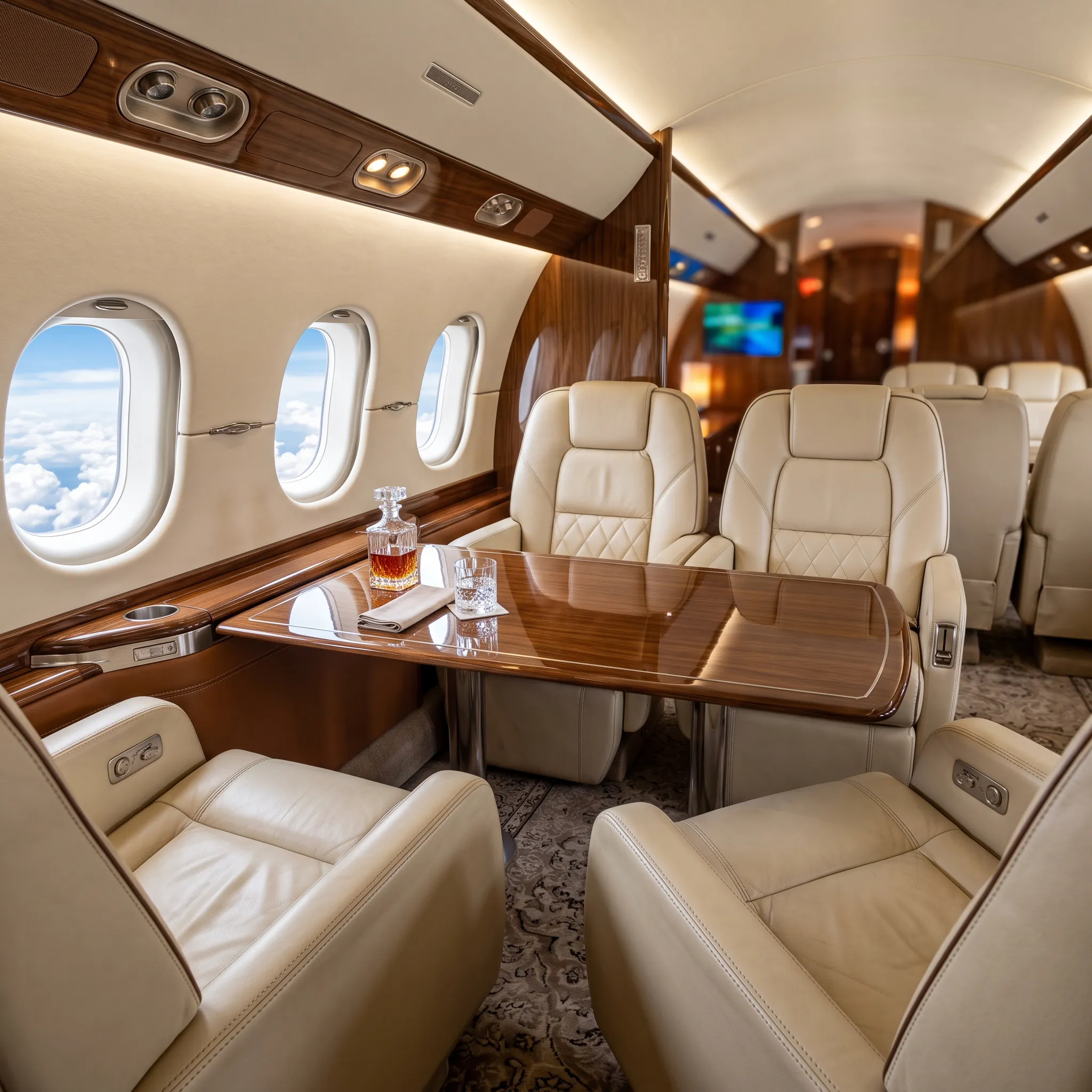 Luxury large-cabin private jet interior with leather club seats and wood table