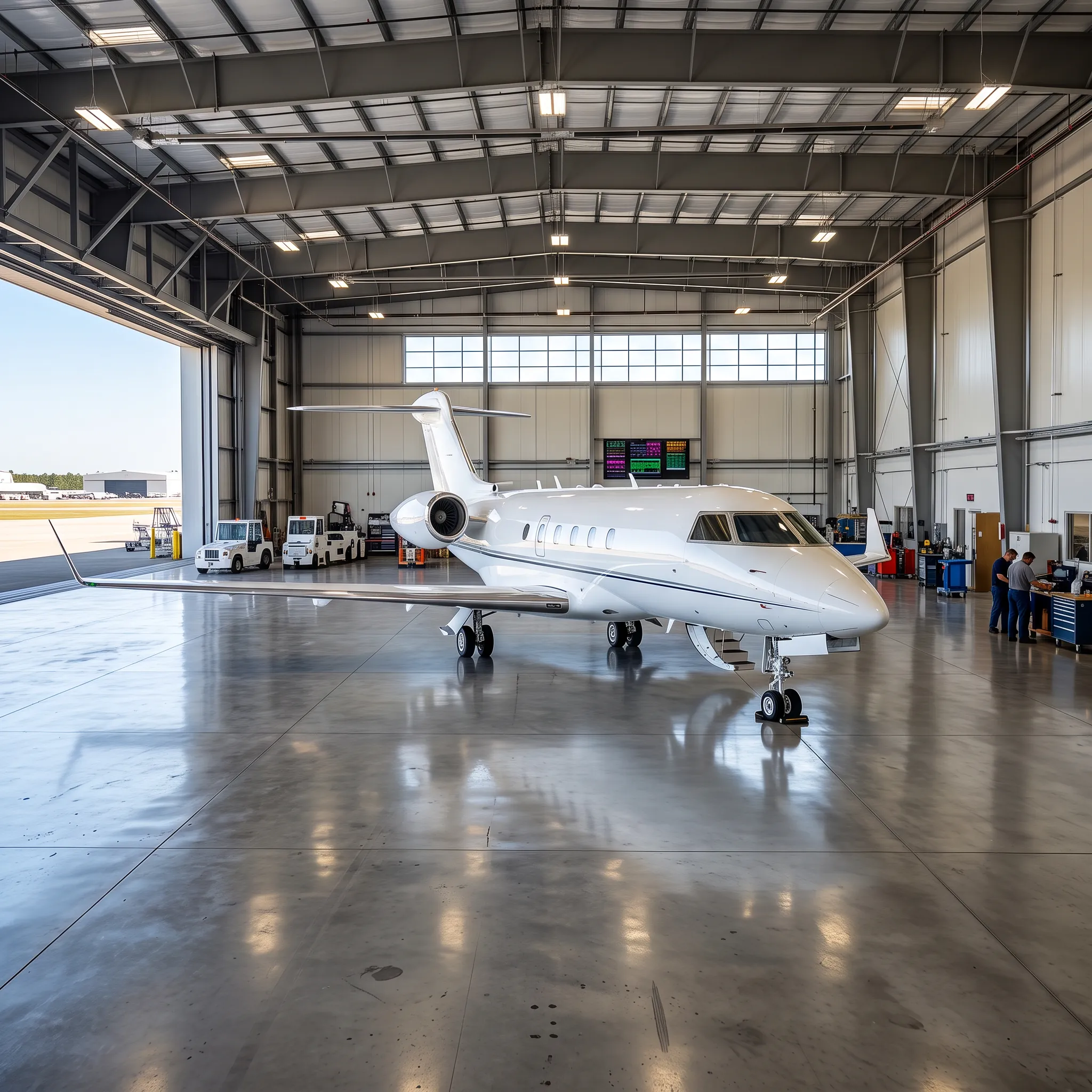 White business jet in a bright hangar on polished concrete floor