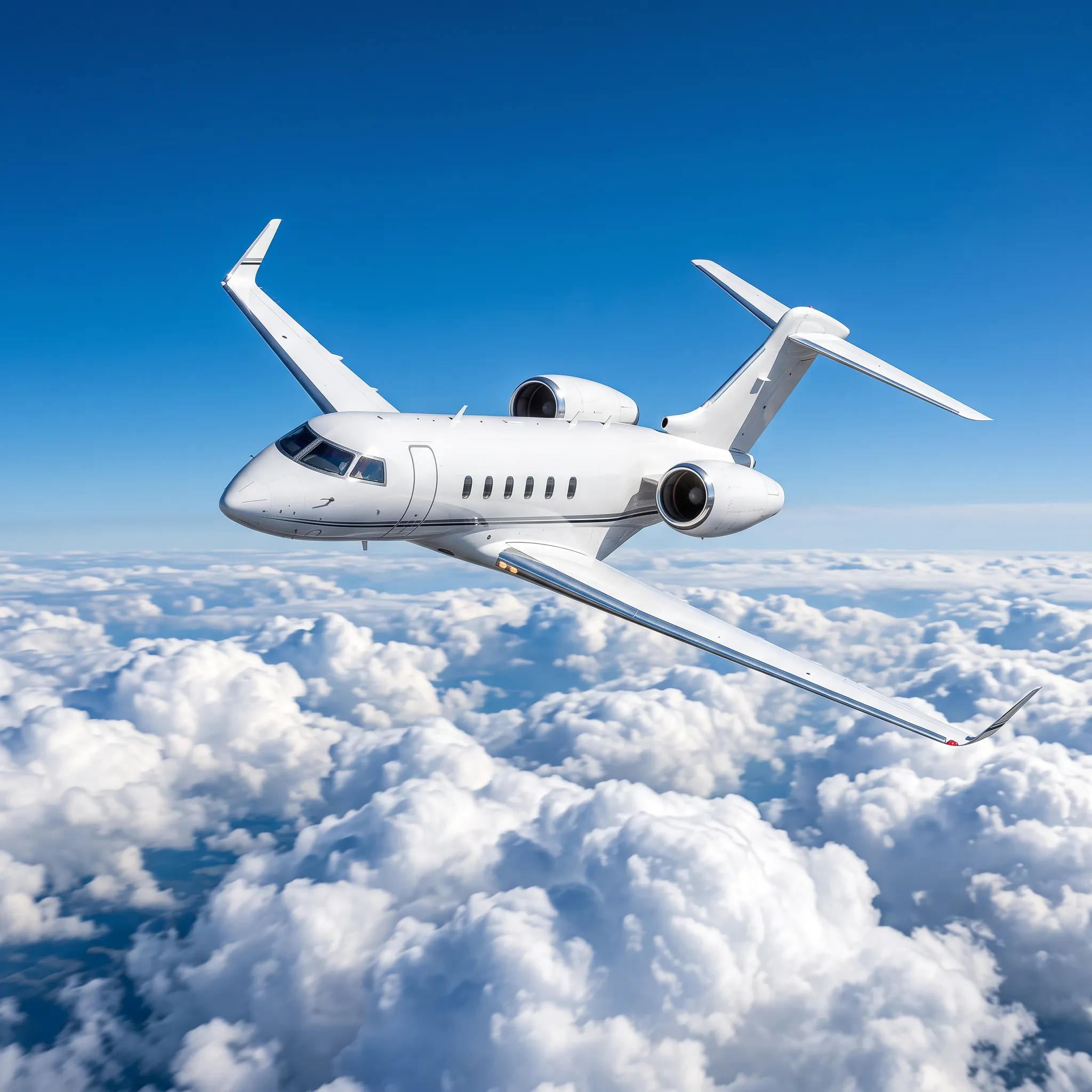 A white business jet flying above clouds in bright daylight