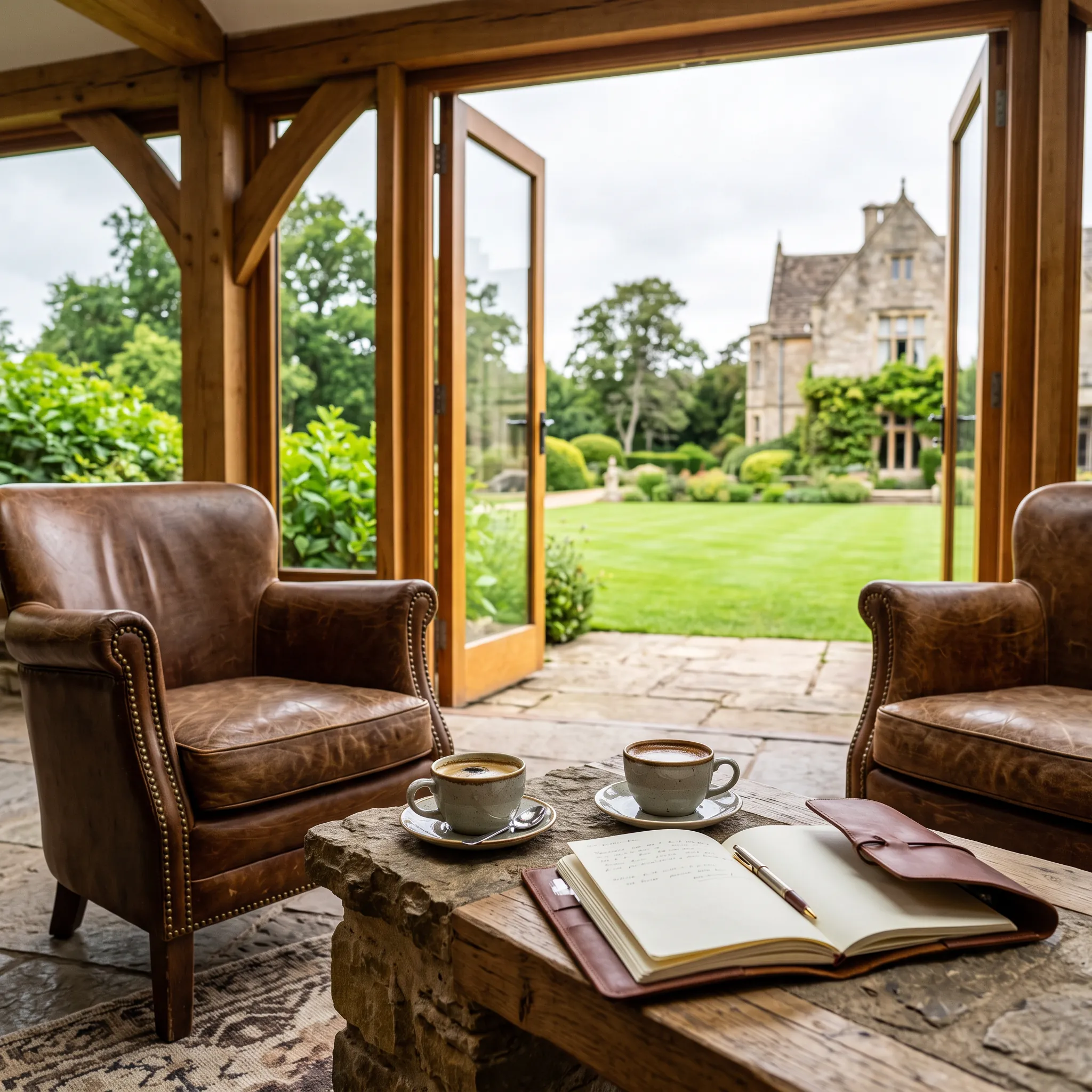 Elegant private club lounge with leather armchairs and a stone coffee table