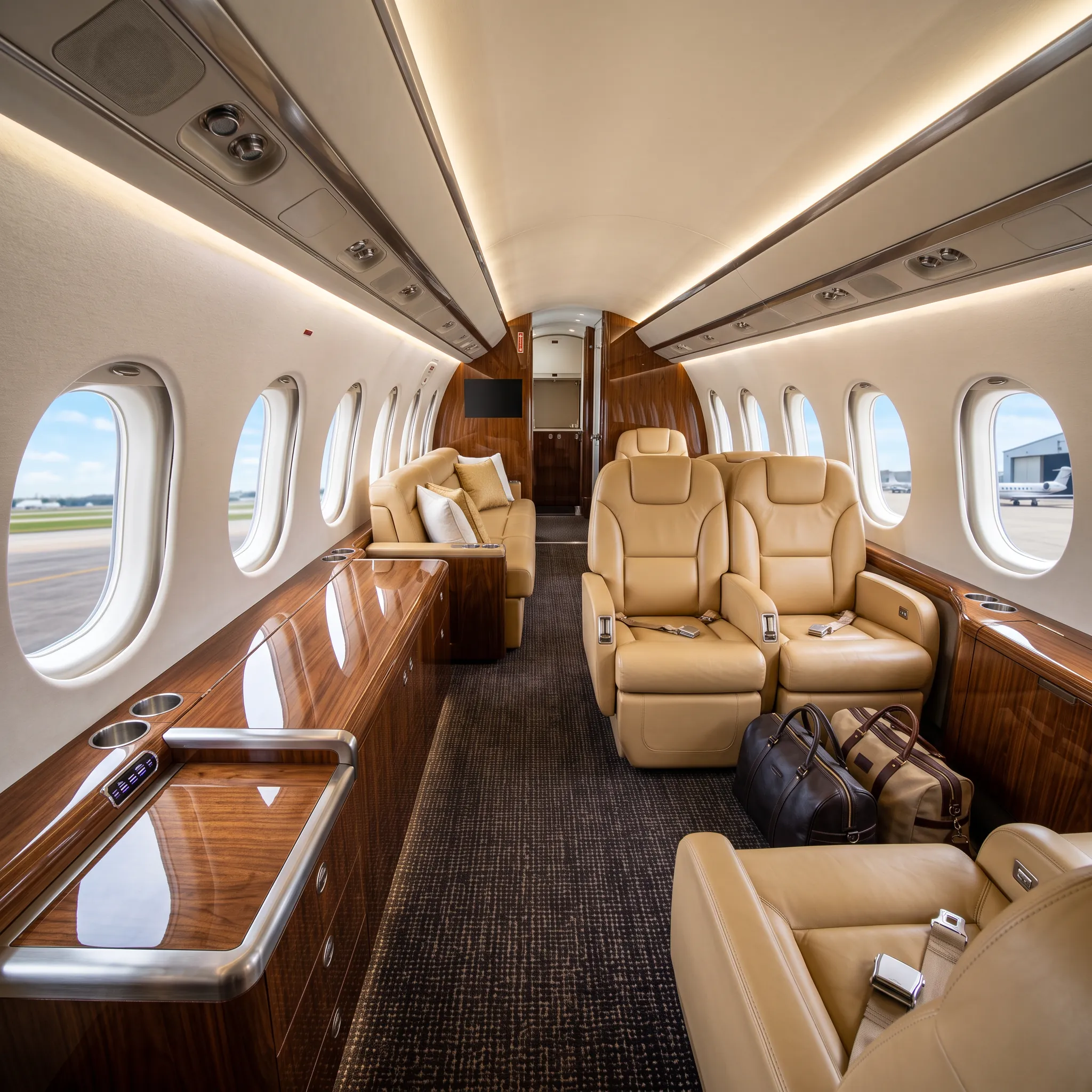 Wide large-cabin private jet interior with leather seats and divan ready for passengers