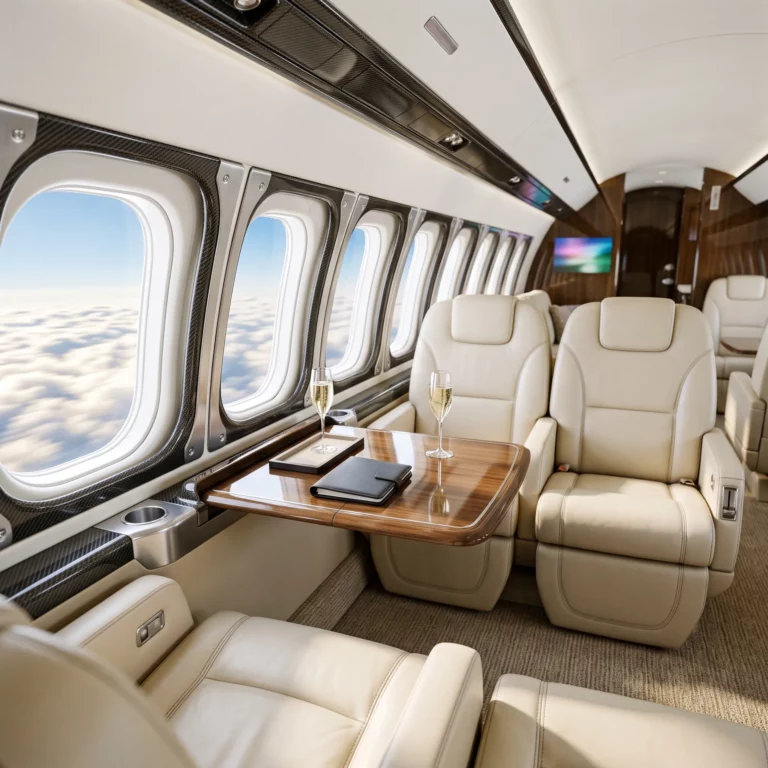 Luxury private jet cabin with four leather seats around a table, set for a group flight