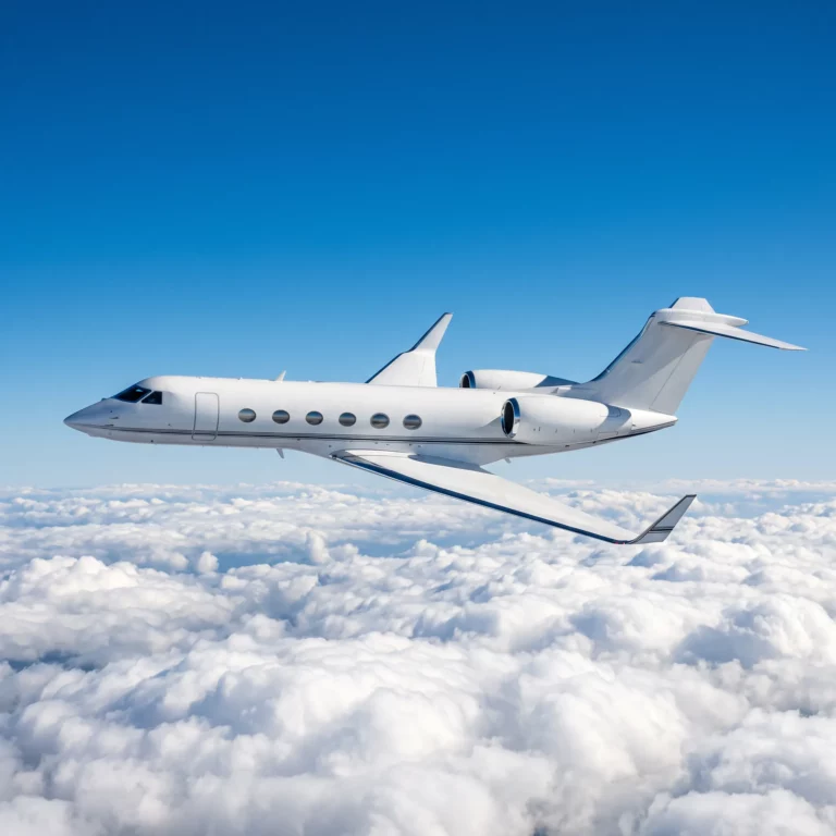 Gulfstream G400 private jet flying above clouds in bright daylight
