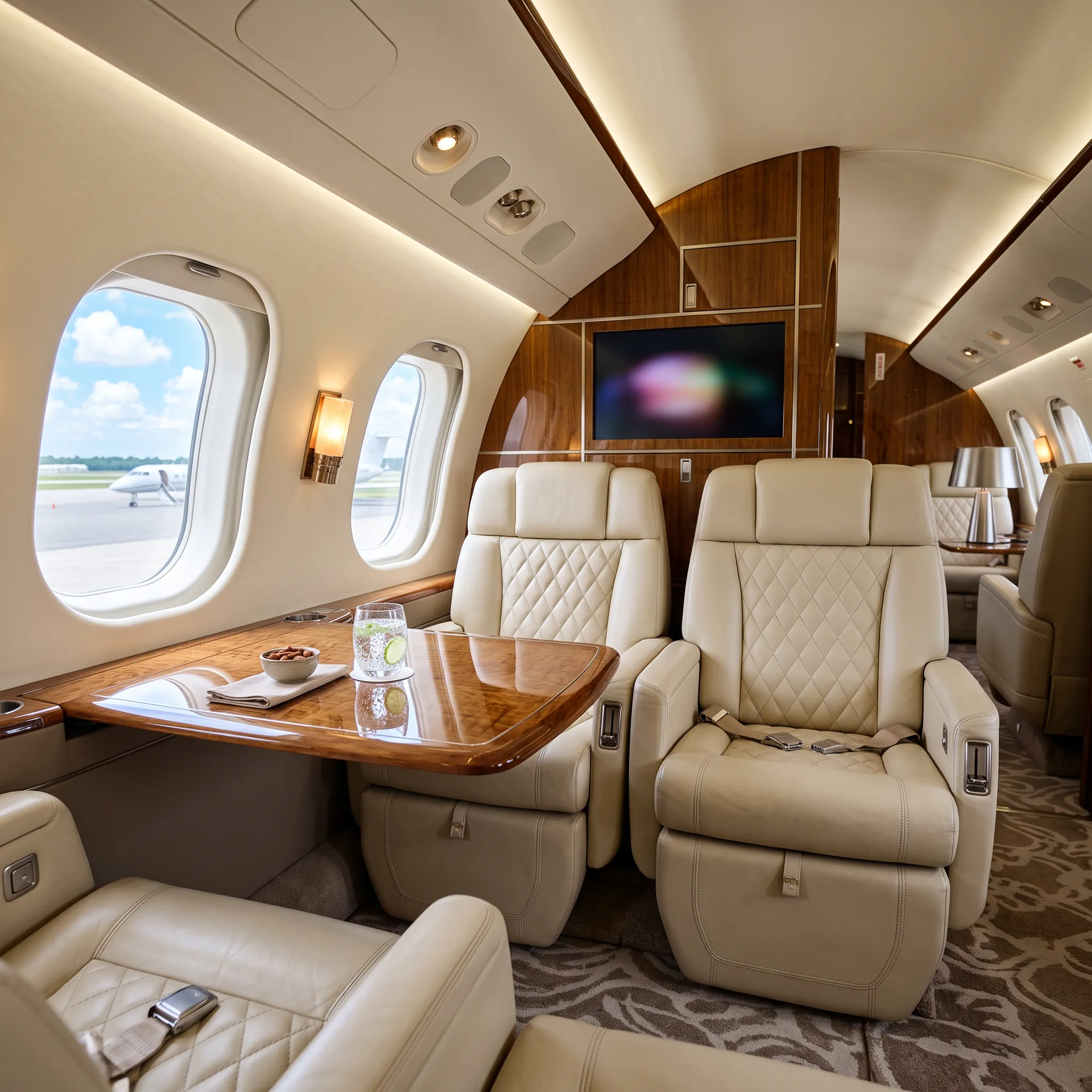 Spacious luxury private jet cabin with leather seating and wood veneer table
