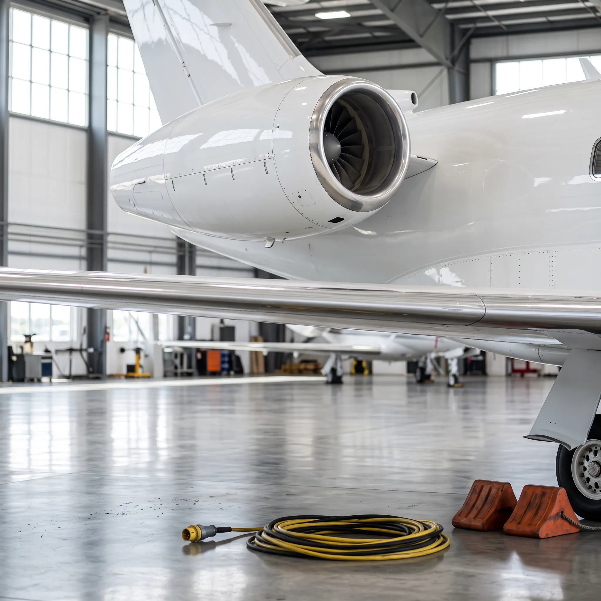 Business jet engine nacelle and wing root inside a bright hangar