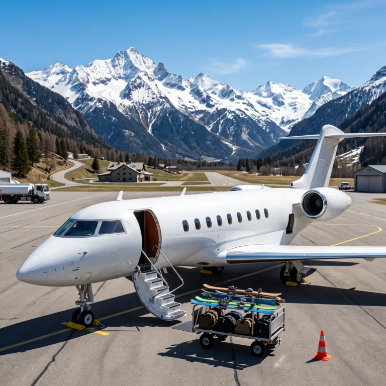 White private jet on a mountain resort ramp with ski bags loaded onto a baggage cart