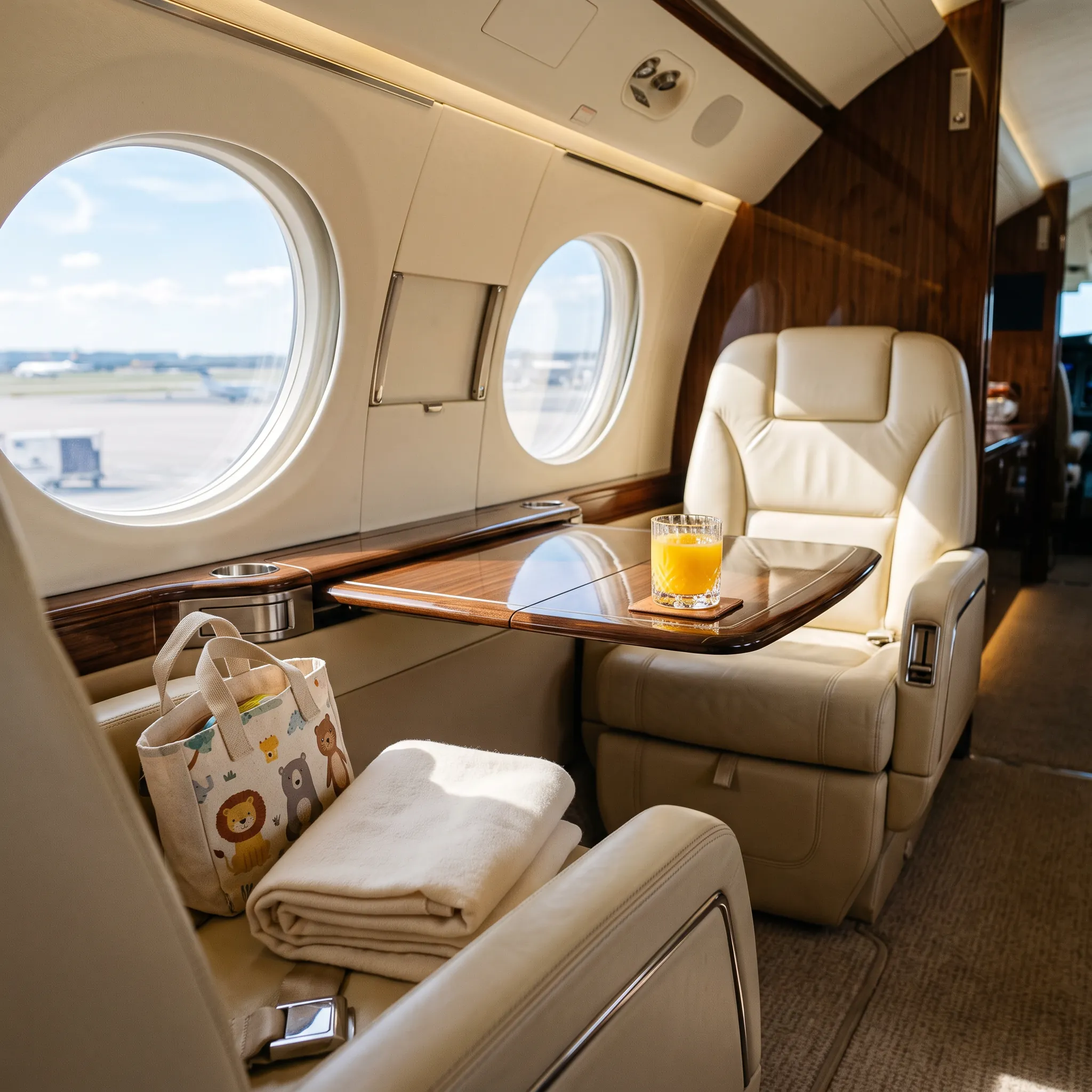 Private jet cabin with leather seats, a child's tote and blanket ready for a family trip
