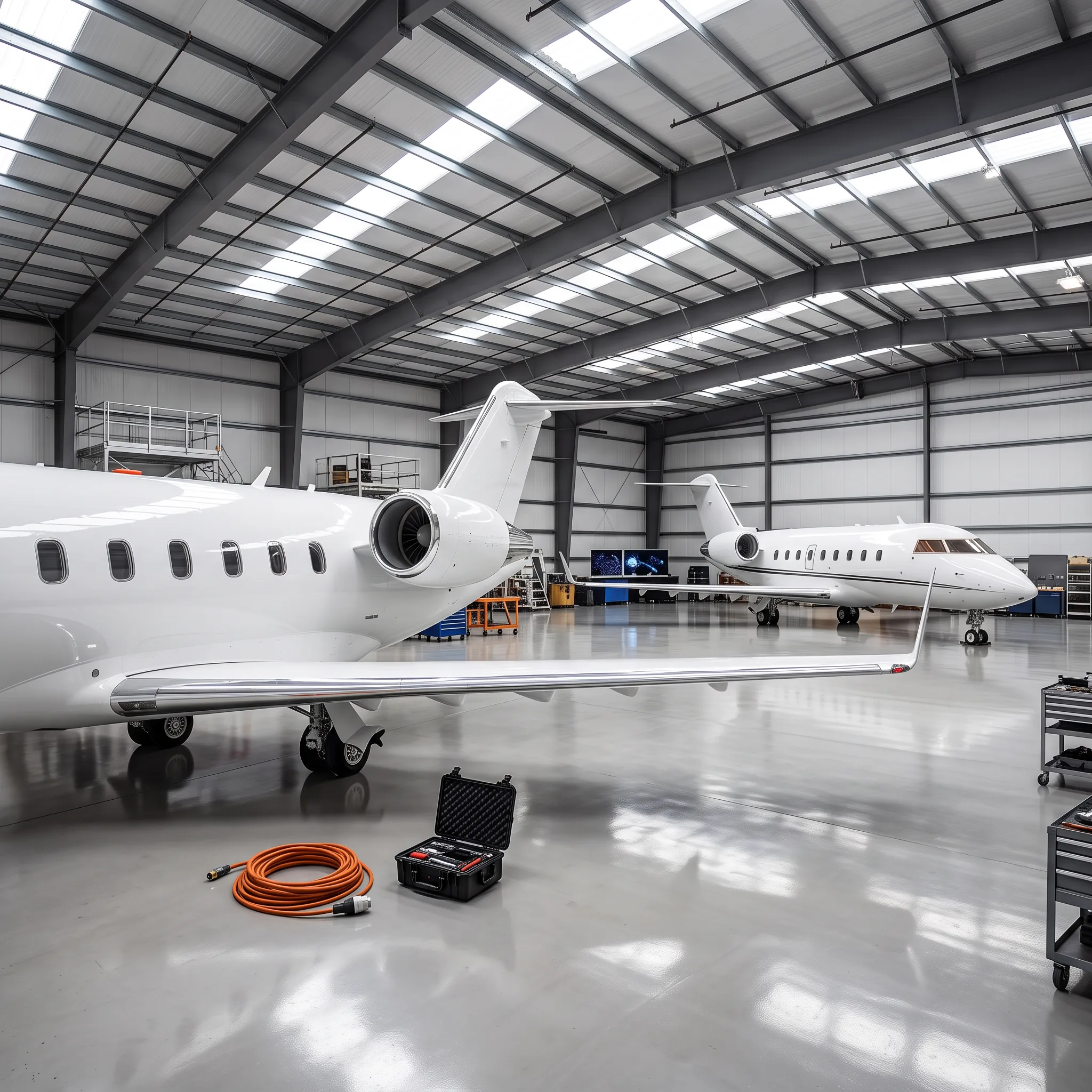 Two white business jets in a bright hangar with a ground-power cable and open toolcase