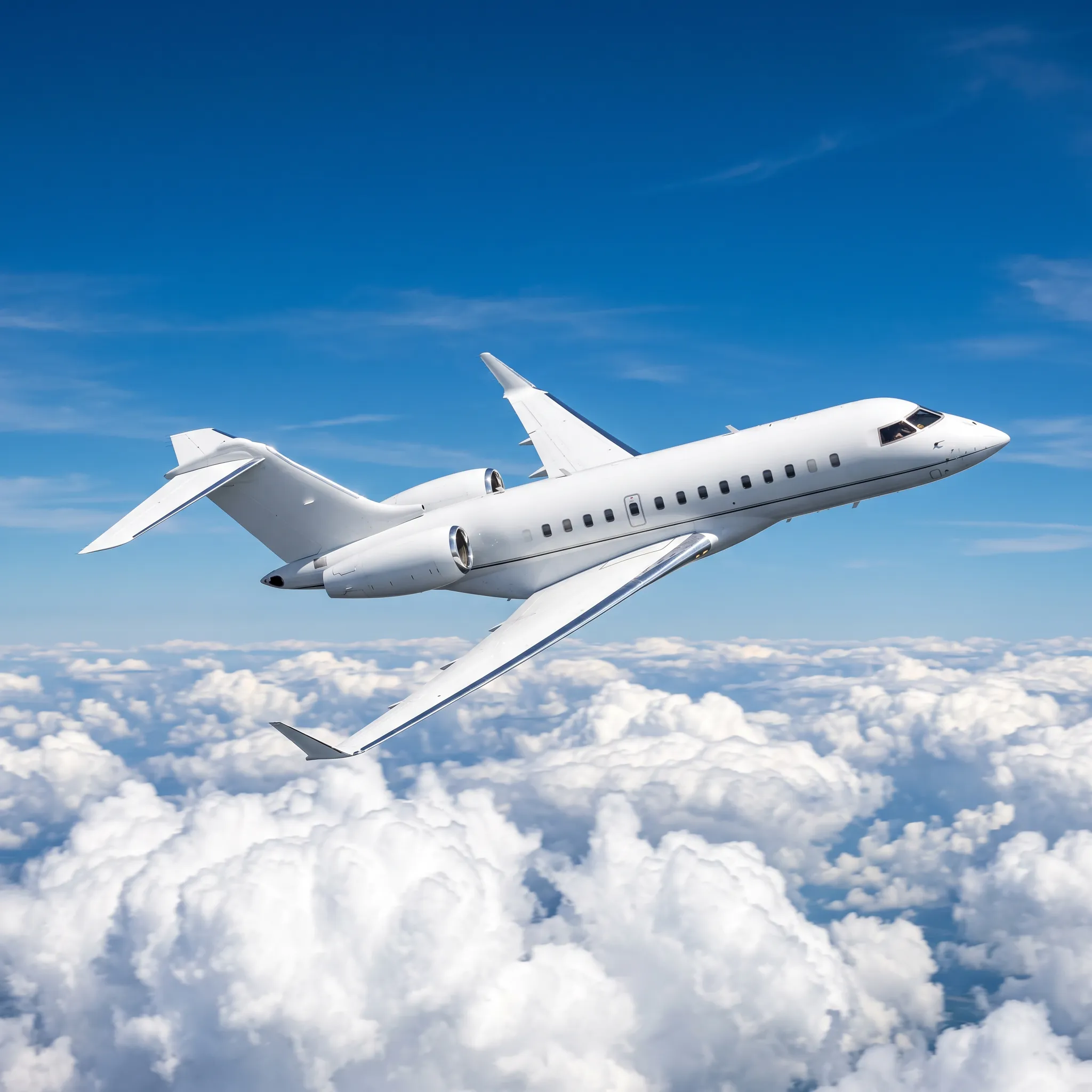 A white private jet in flight above bright clouds