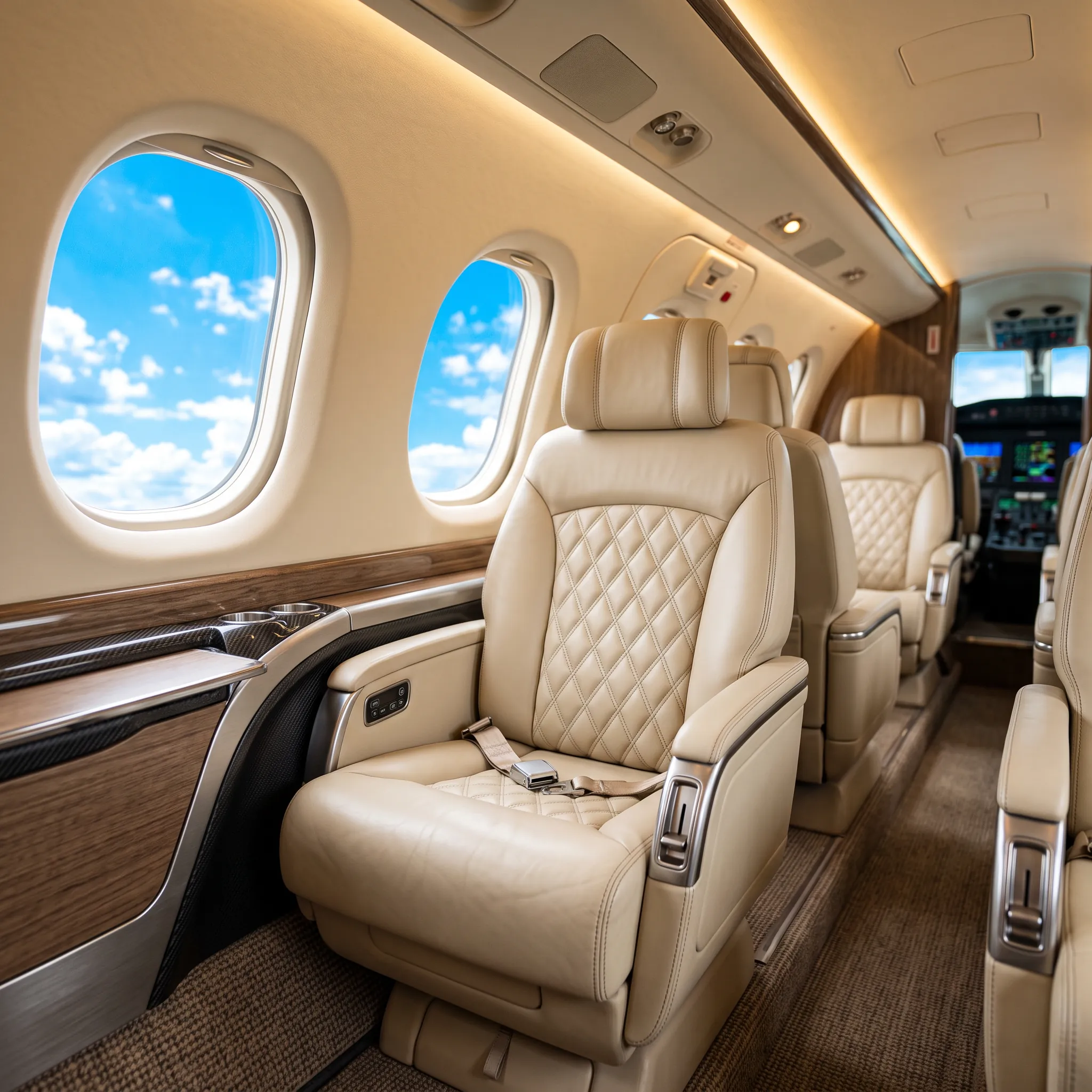 Luxury turboprop cabin with hand-stitched leather reclining seats and large windows