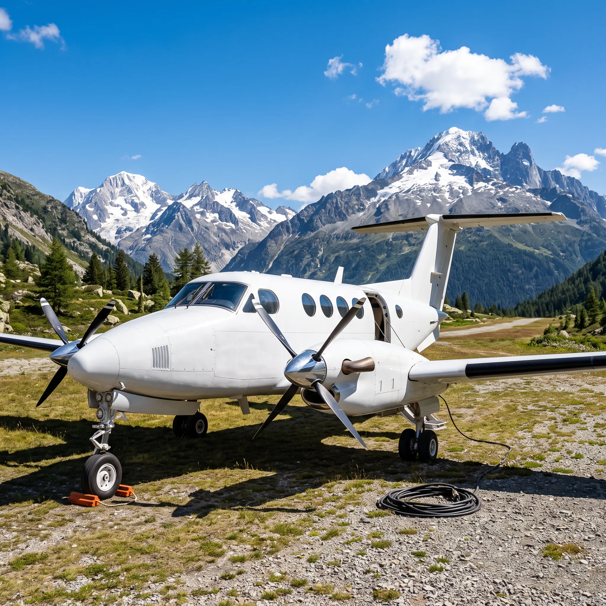 Beechcraft King Air turboprop on a short mountain airstrip with snowy peaks behind