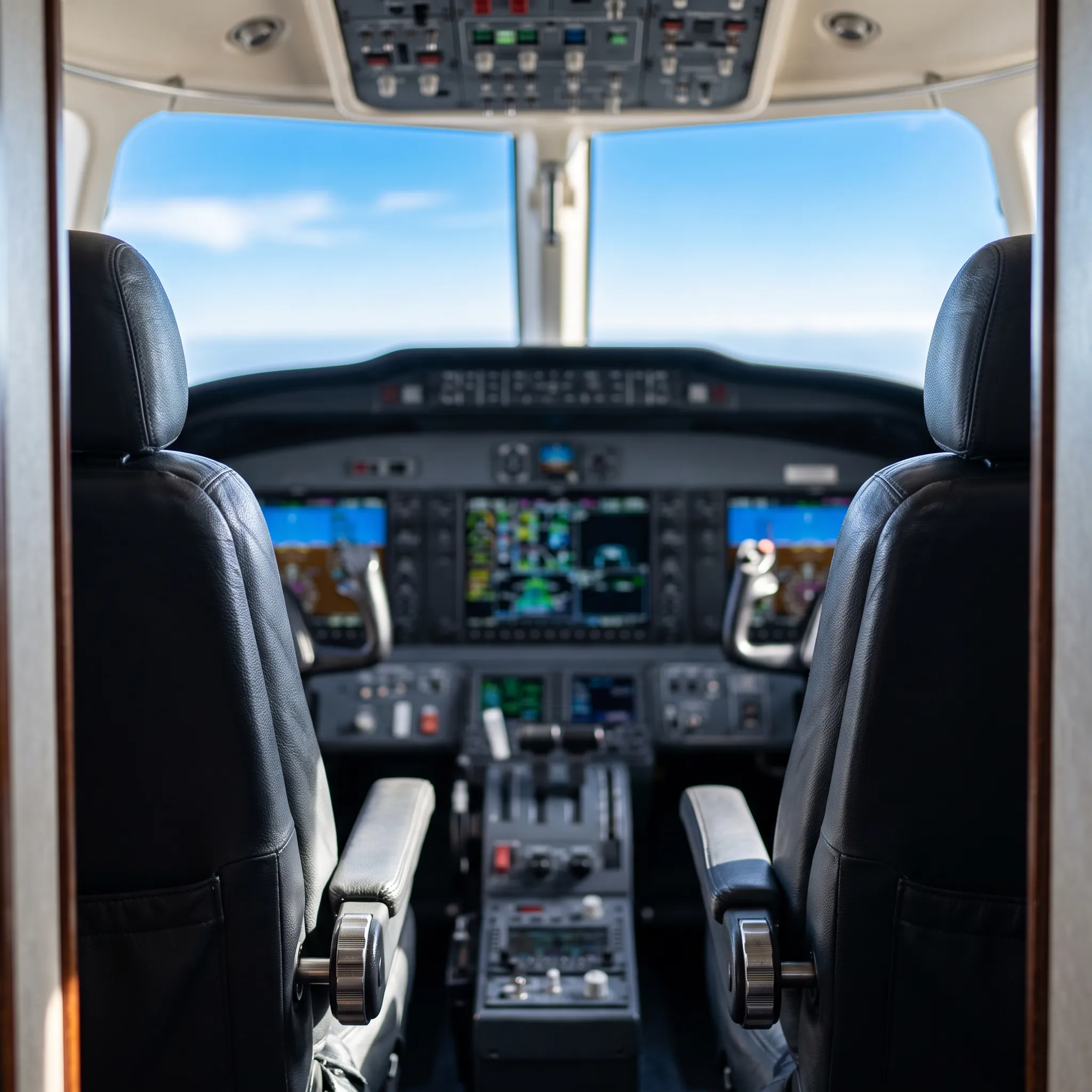 Empty turboprop flight deck with glowing displays and bright sky through the windscreen