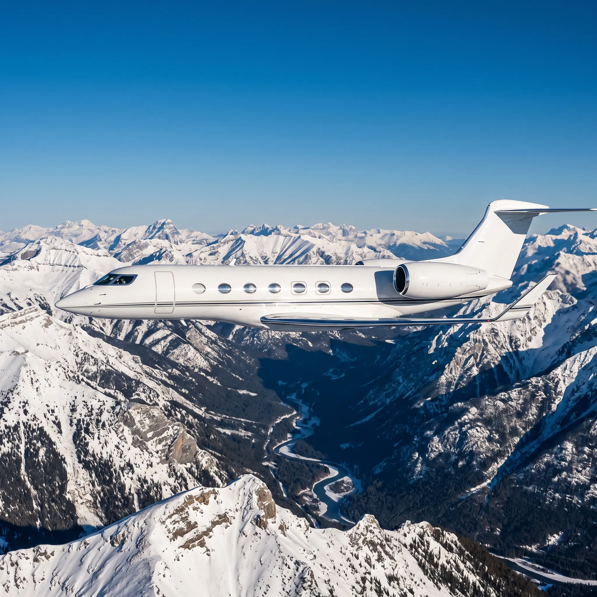 White private jet flying over snow-covered Colorado mountains and a valley in clear daylight