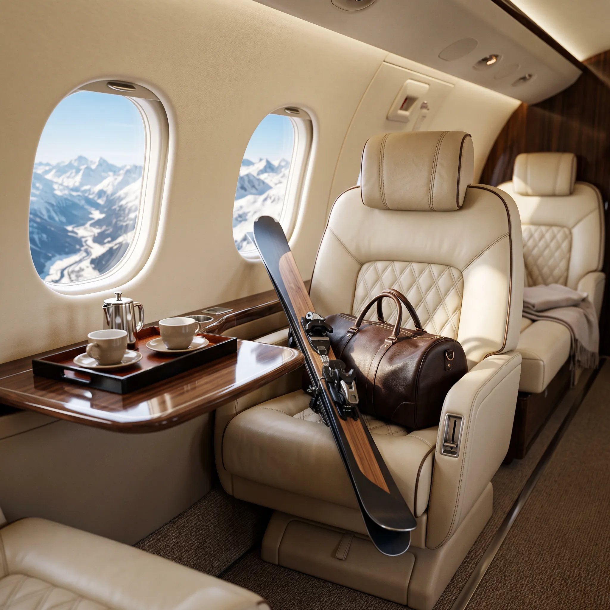 Private jet cabin with cream leather seats, skis and a coffee service ready for a mountain trip
