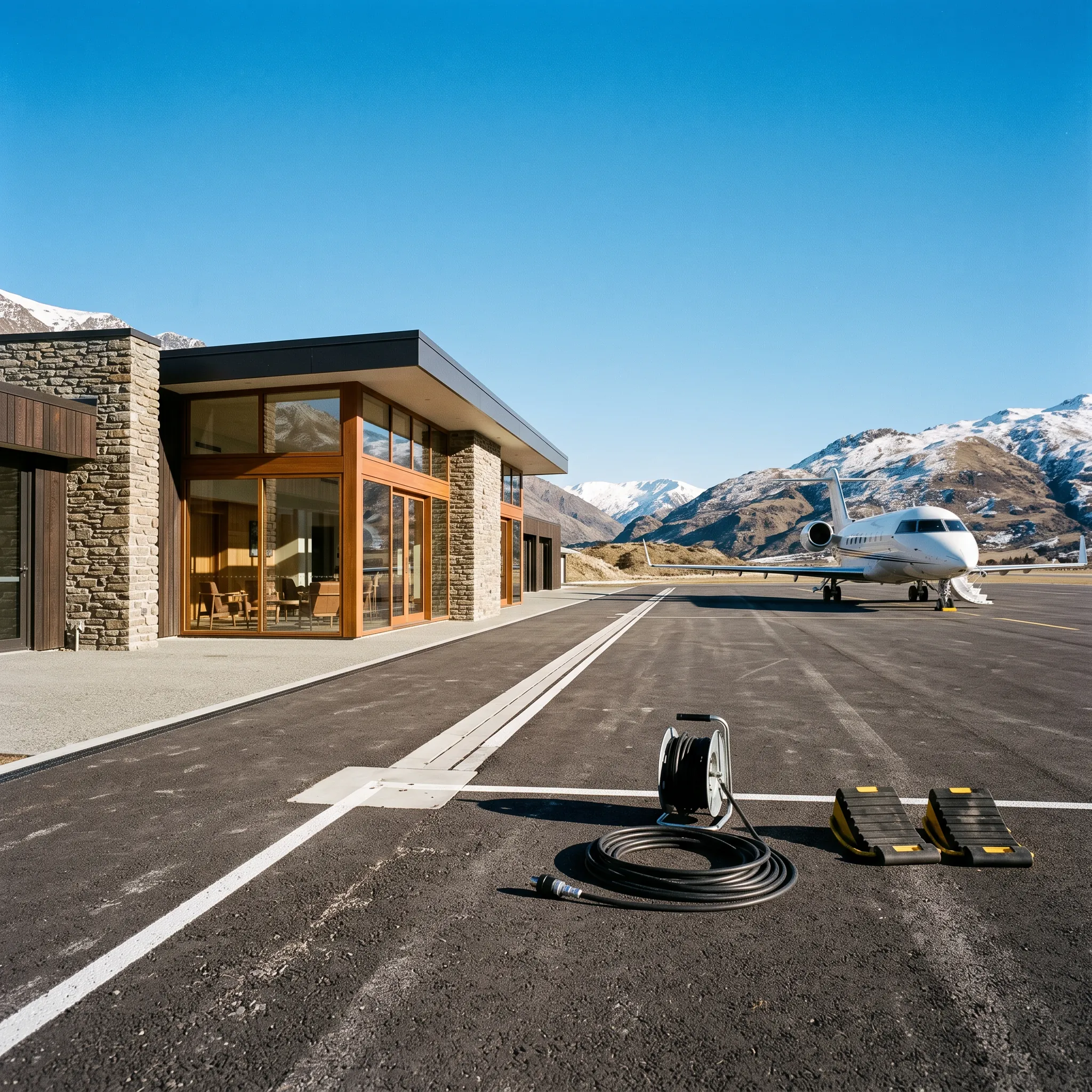 Modern glass and timber private jet terminal with a parked white business jet and snowy hills behind