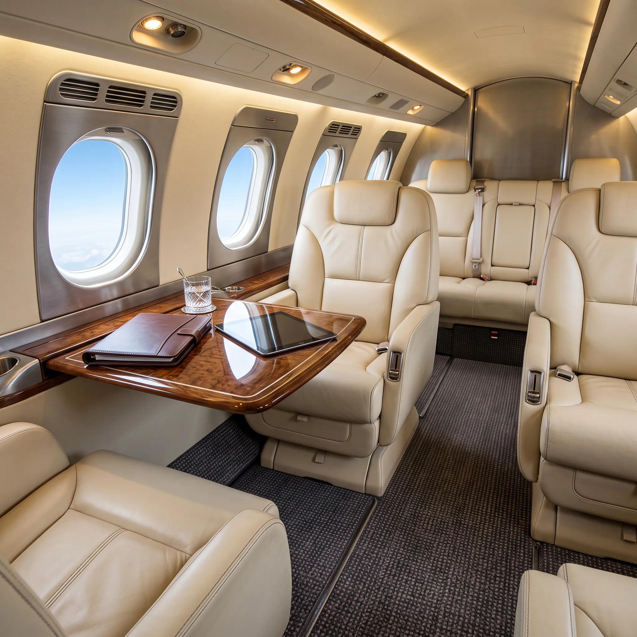 Luxurious private jet cabin with leather seats and a folio on a wood table