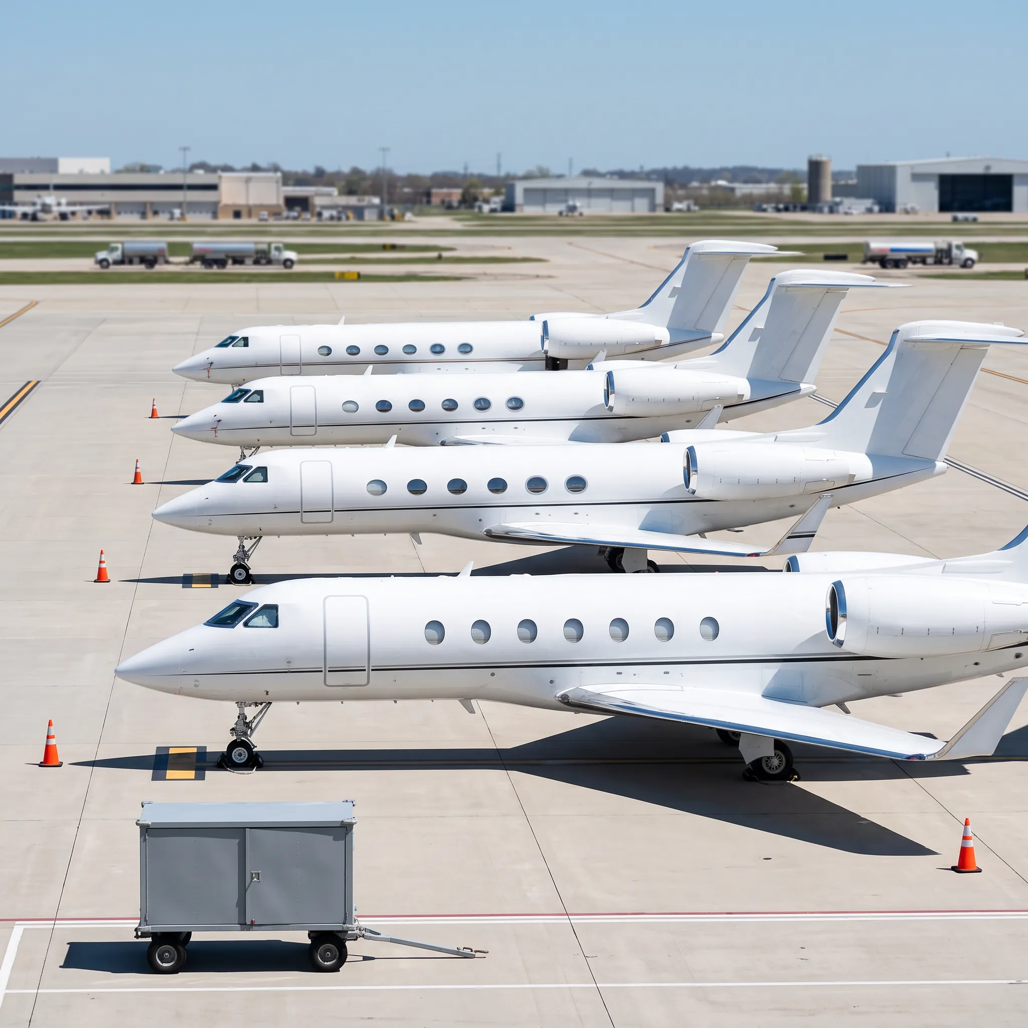 Row of white business jets parked closely on a sunlit ramp with chocks and cones