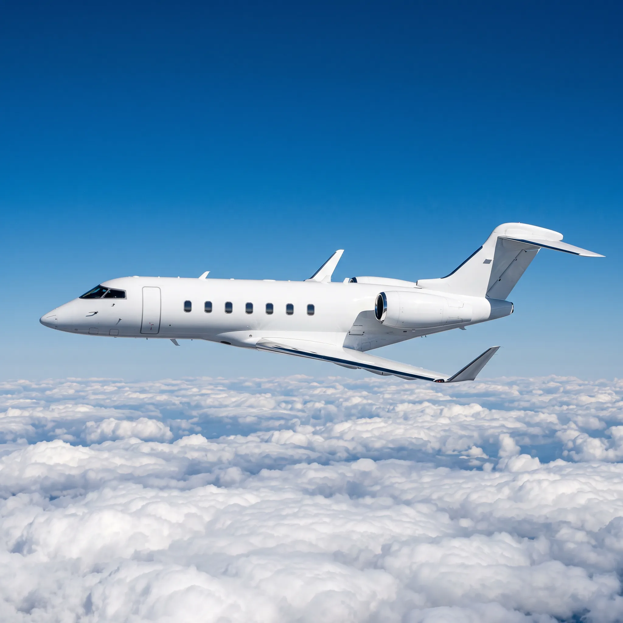 Challenger 350 midsize private jet flying above clouds in bright daylight