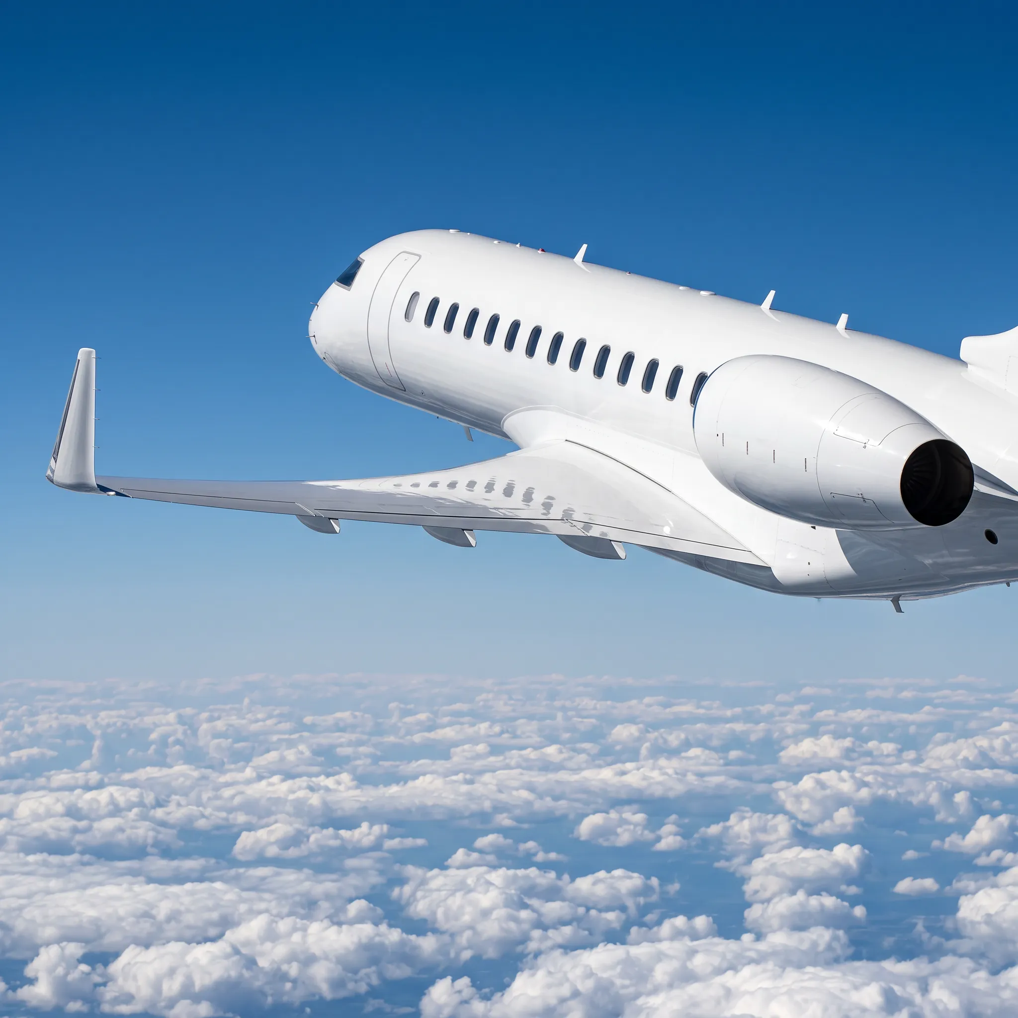 Bombardier Global 7500 private jet flying above clouds in bright daylight