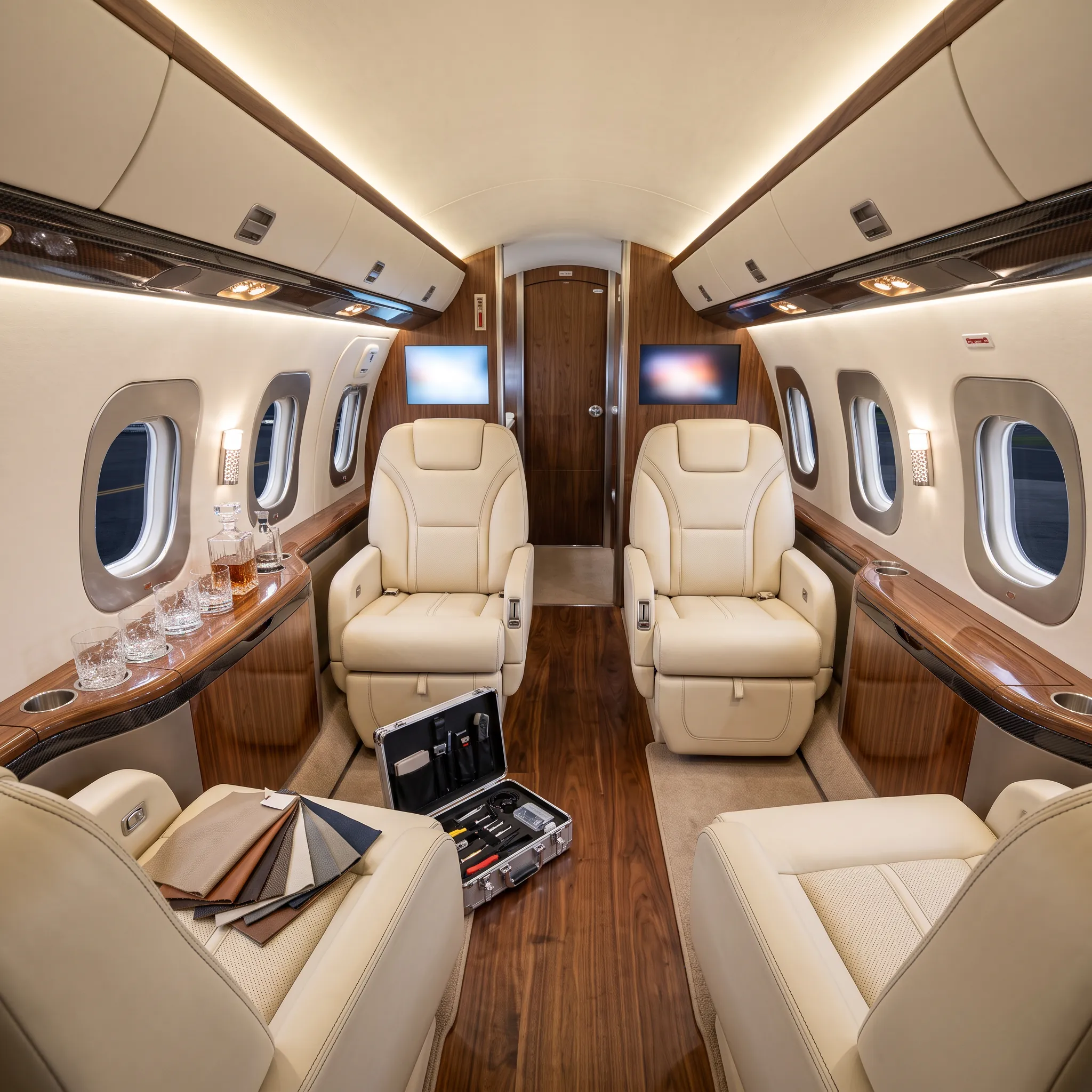 Newly refurbished private jet cabin with leather seats, walnut veneer and a built-in cocktail bar