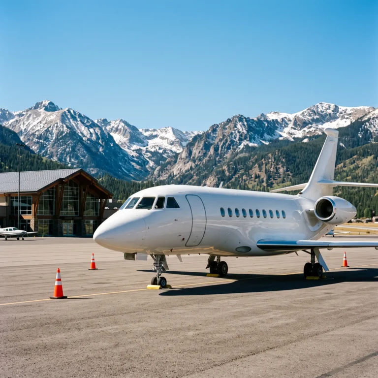 White business jet parked on a Colorado mountain airport ramp with snowy ridgelines behind a modern terminal