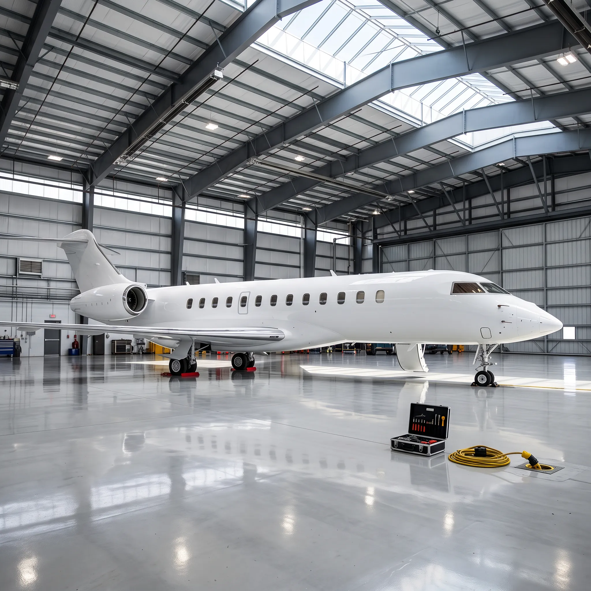 Bombardier Global 7500 inside an executive hangar with wheel chocks and ground power cable